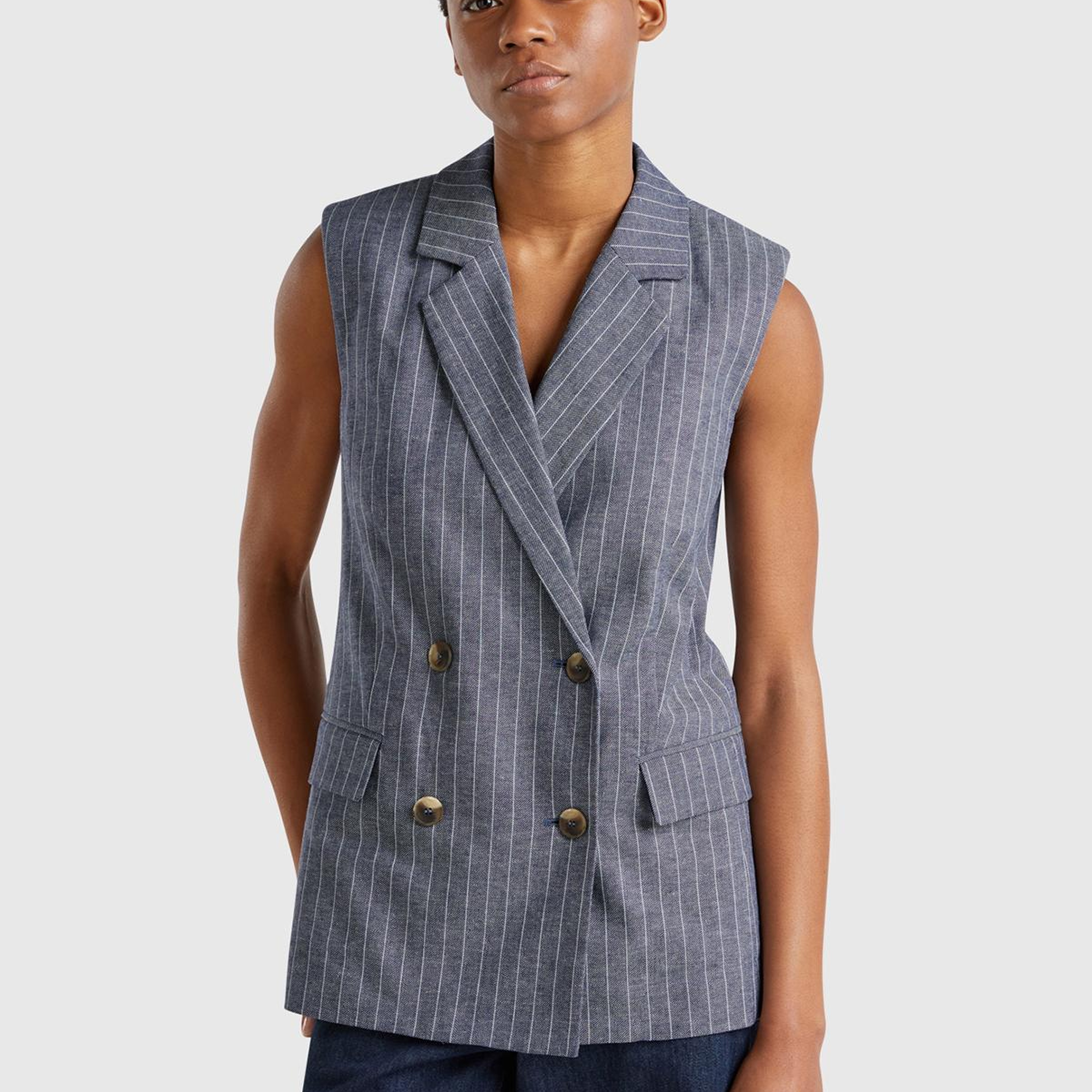 Kadın Lacivert Pamuk ve Keten Karışımlı İnce Çizgili Cepli Kruvaze Yelek