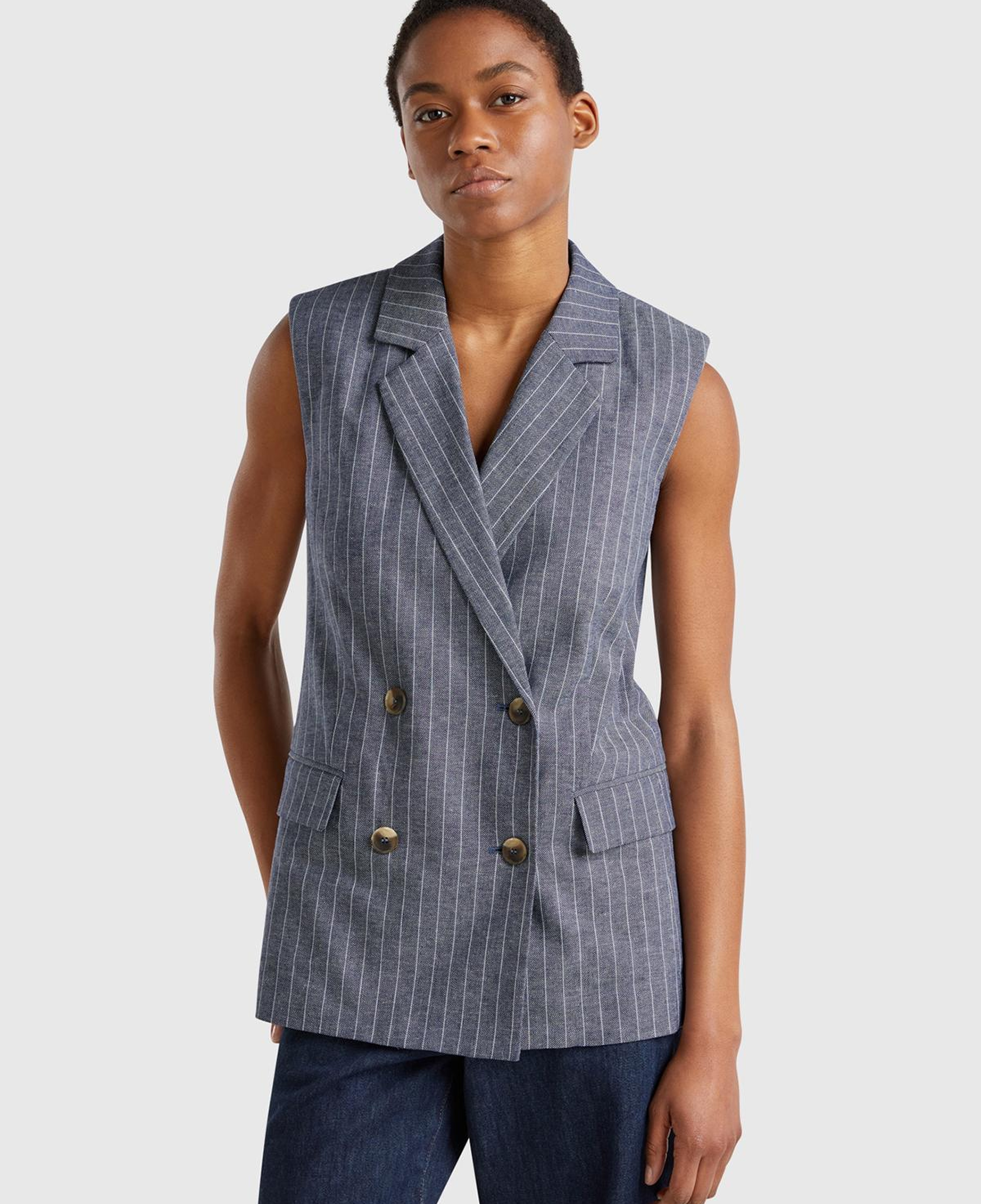 Kadın Lacivert Pamuk ve Keten Karışımlı İnce Çizgili Cepli Kruvaze Yelek