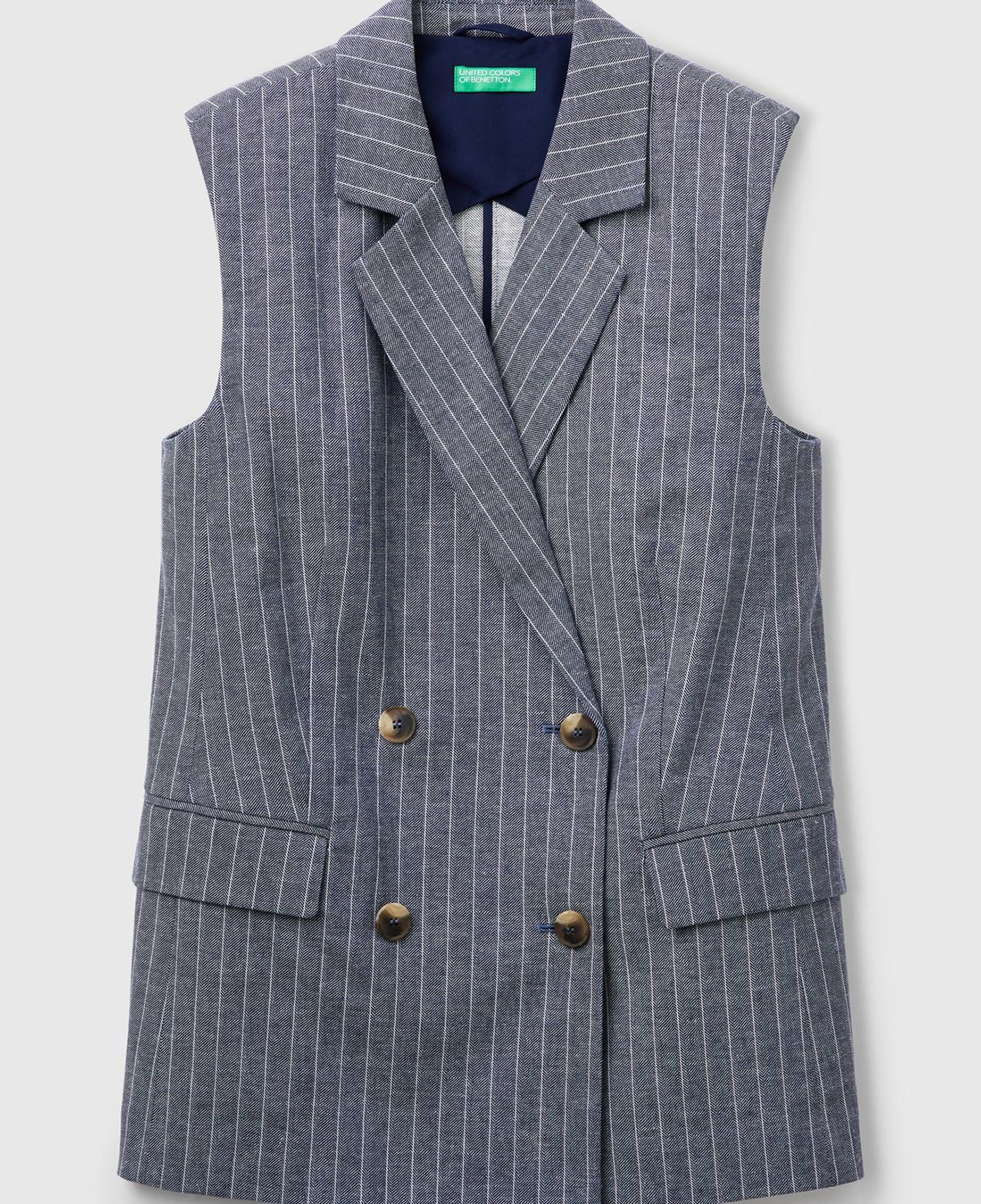 Kadın Lacivert Pamuk ve Keten Karışımlı İnce Çizgili Cepli Kruvaze Yelek