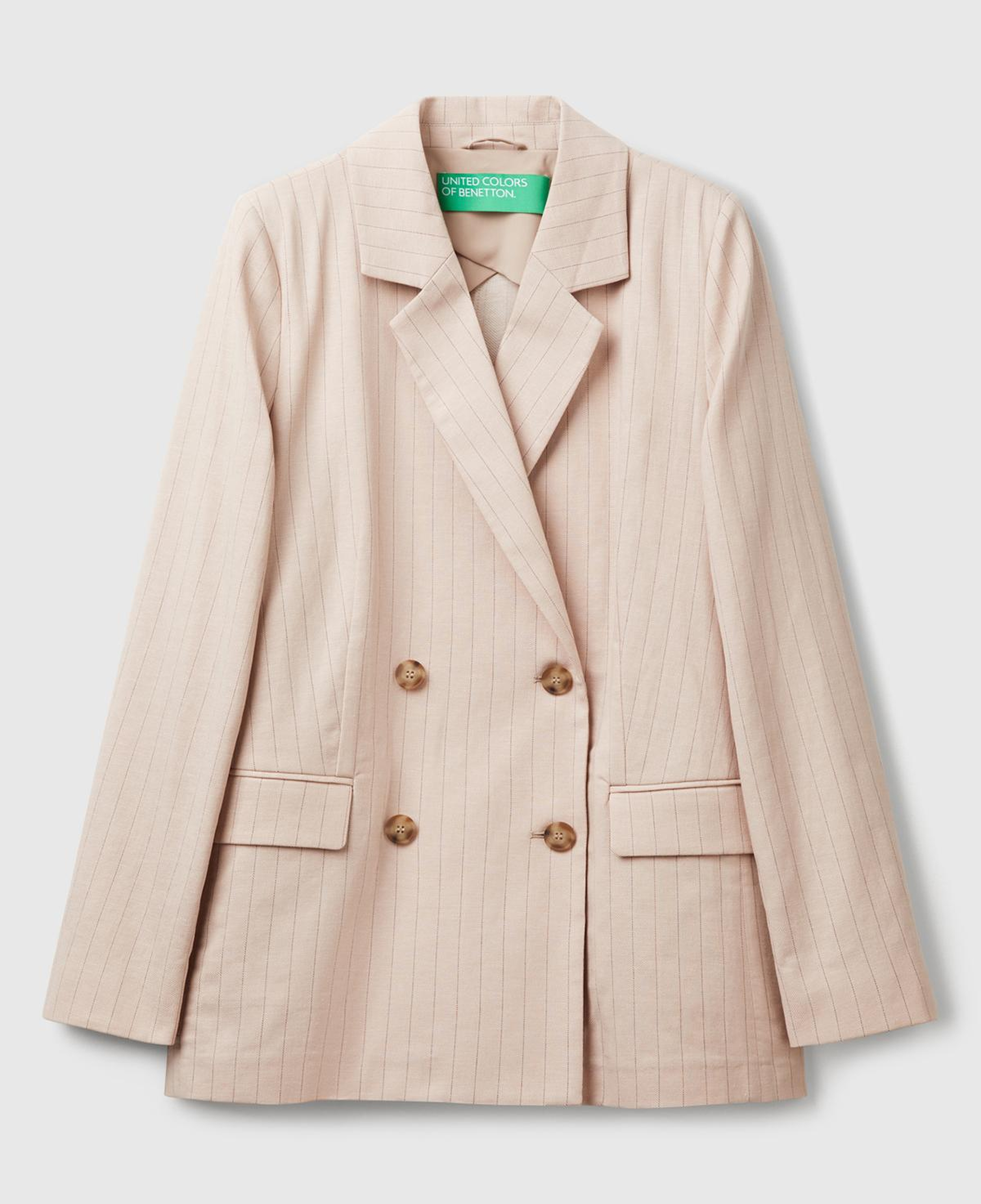 Kadın Bej Pamuk ve Keten Karışımlı İnce Çizgili Relax Fit Ceket