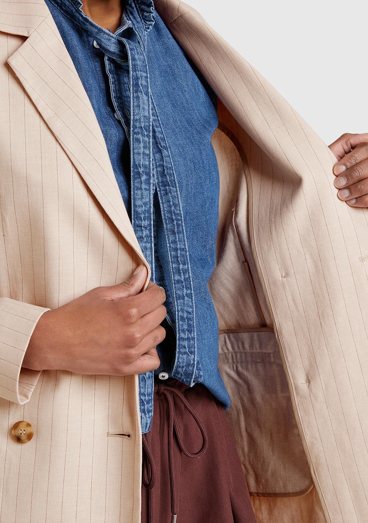 Kadın Bej Pamuk ve Keten Karışımlı İnce Çizgili Relax Fit Ceket