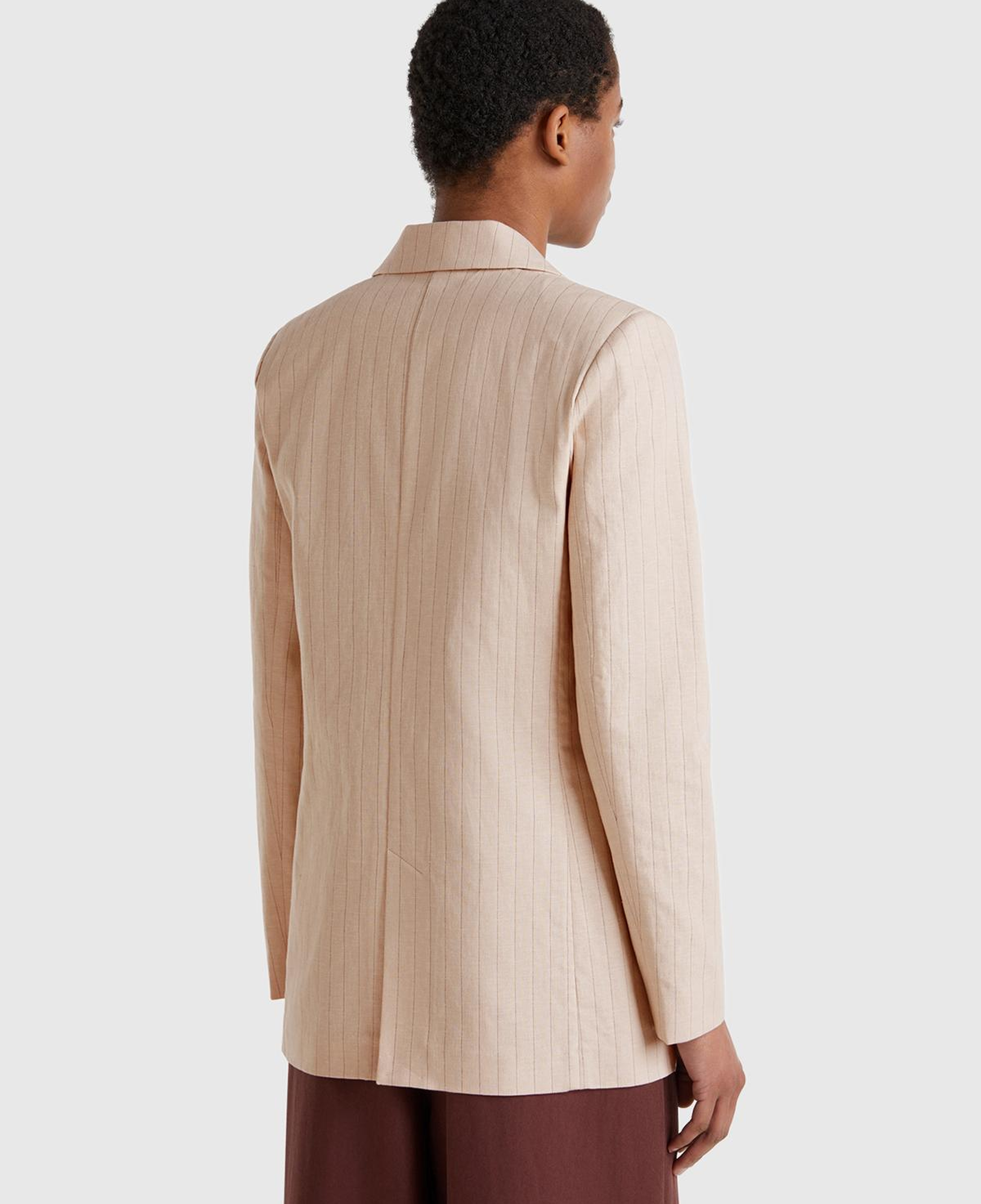 Kadın Bej Pamuk ve Keten Karışımlı İnce Çizgili Relax Fit Ceket