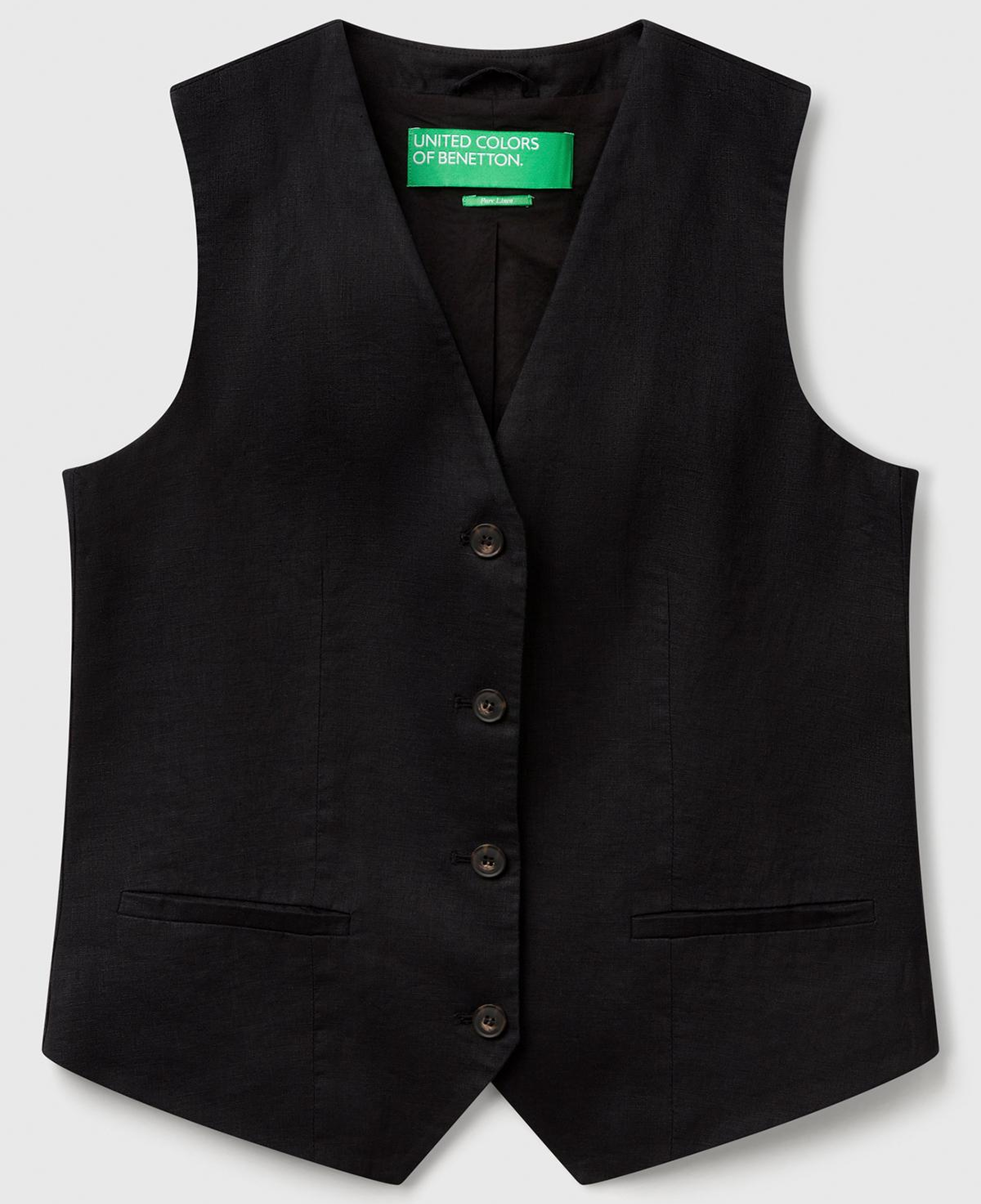 Kadın Siyah %100 Keten Önü Düğme İliklemeli V Yaka Yelek