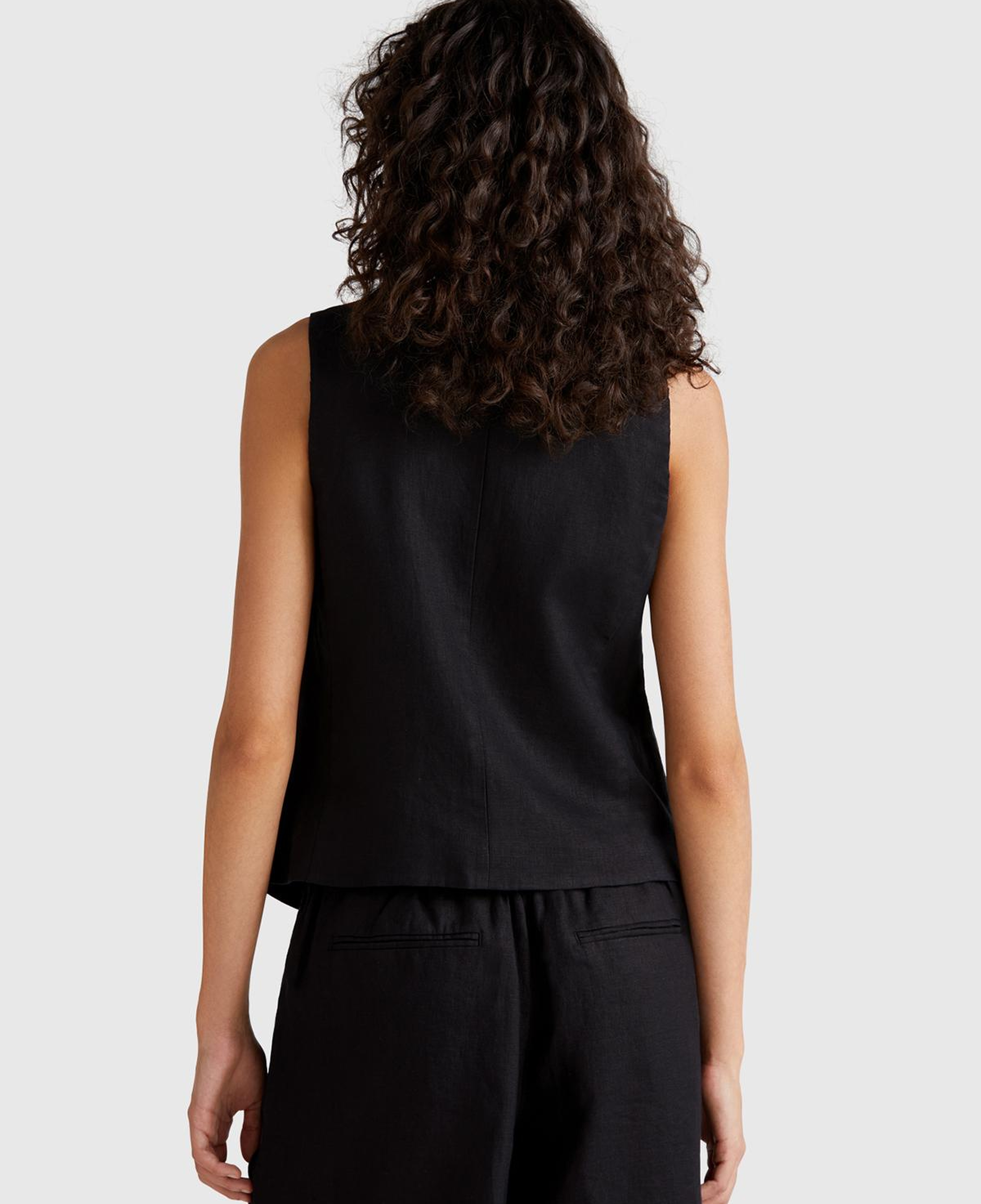 Kadın Siyah %100 Keten Önü Düğme İliklemeli V Yaka Yelek