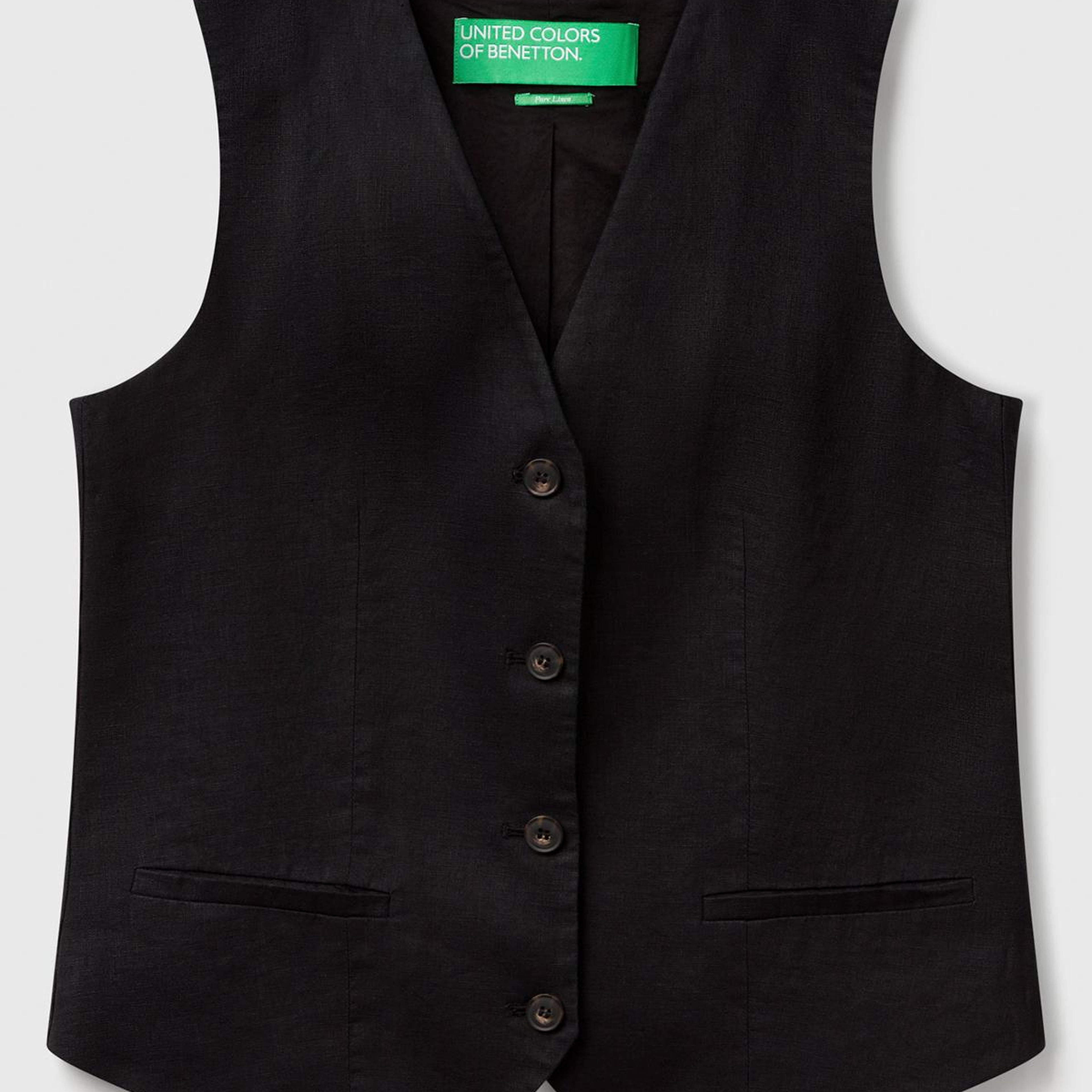 Kadın Siyah %100 Keten Önü Düğme İliklemeli V Yaka Yelek