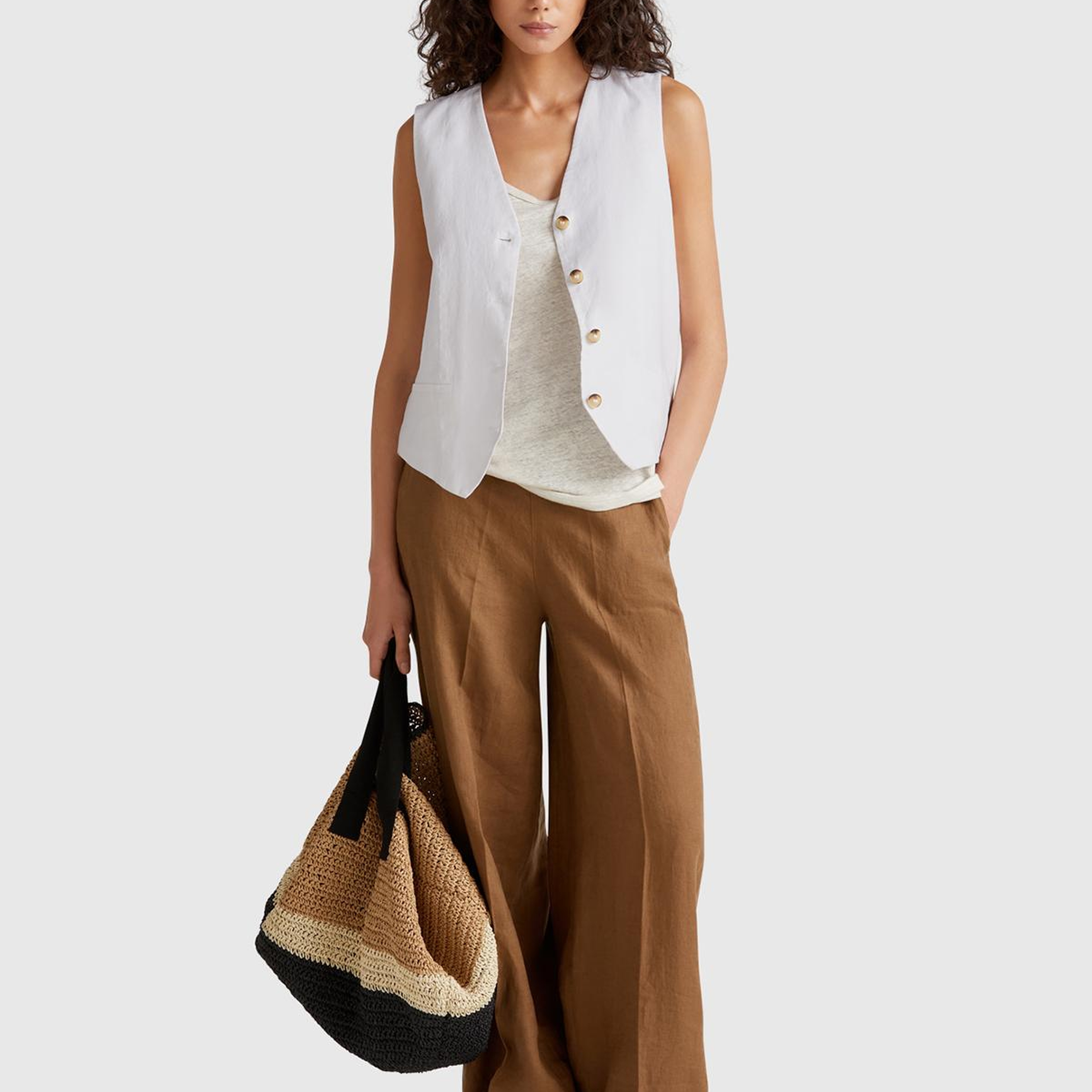 Kadın Beyaz %100 Keten Önü Düğme İliklemeli V Yaka Yelek