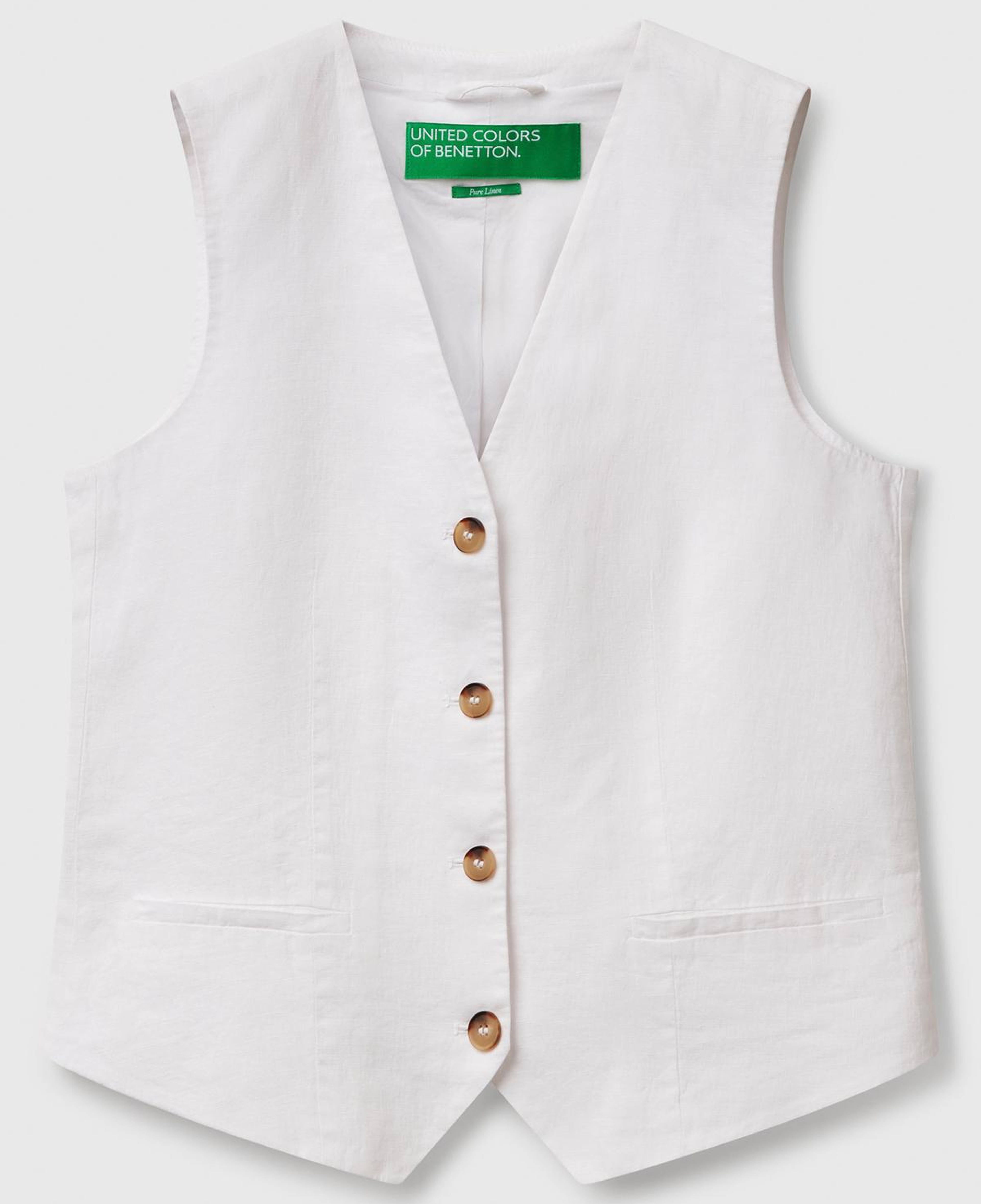 Kadın Beyaz %100 Keten Önü Düğme İliklemeli V Yaka Yelek