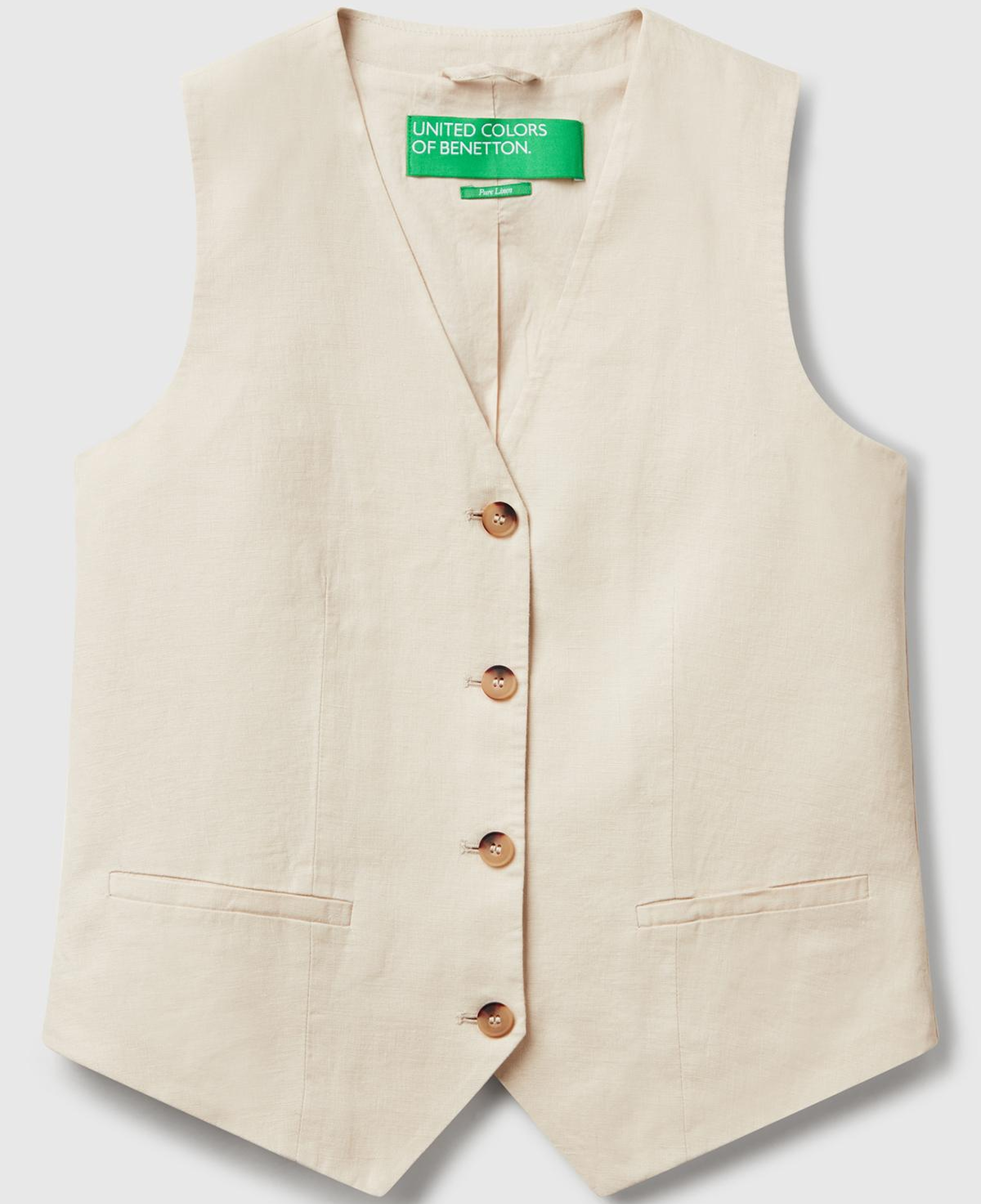 Kadın Taş Rengi %100 Keten Önü Düğme İliklemeli V Yaka Yelek