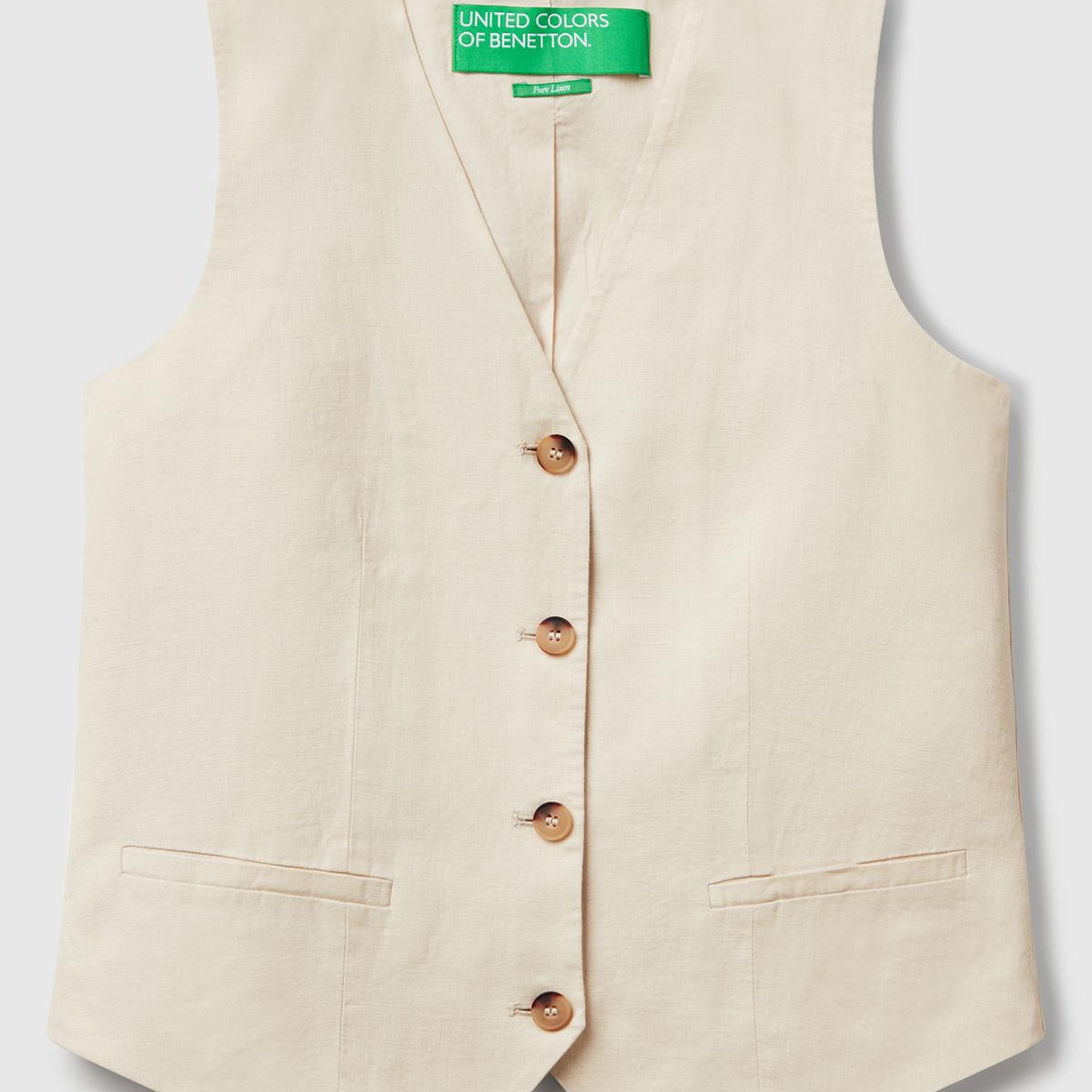 Kadın Taş Rengi %100 Keten Önü Düğme İliklemeli V Yaka Yelek