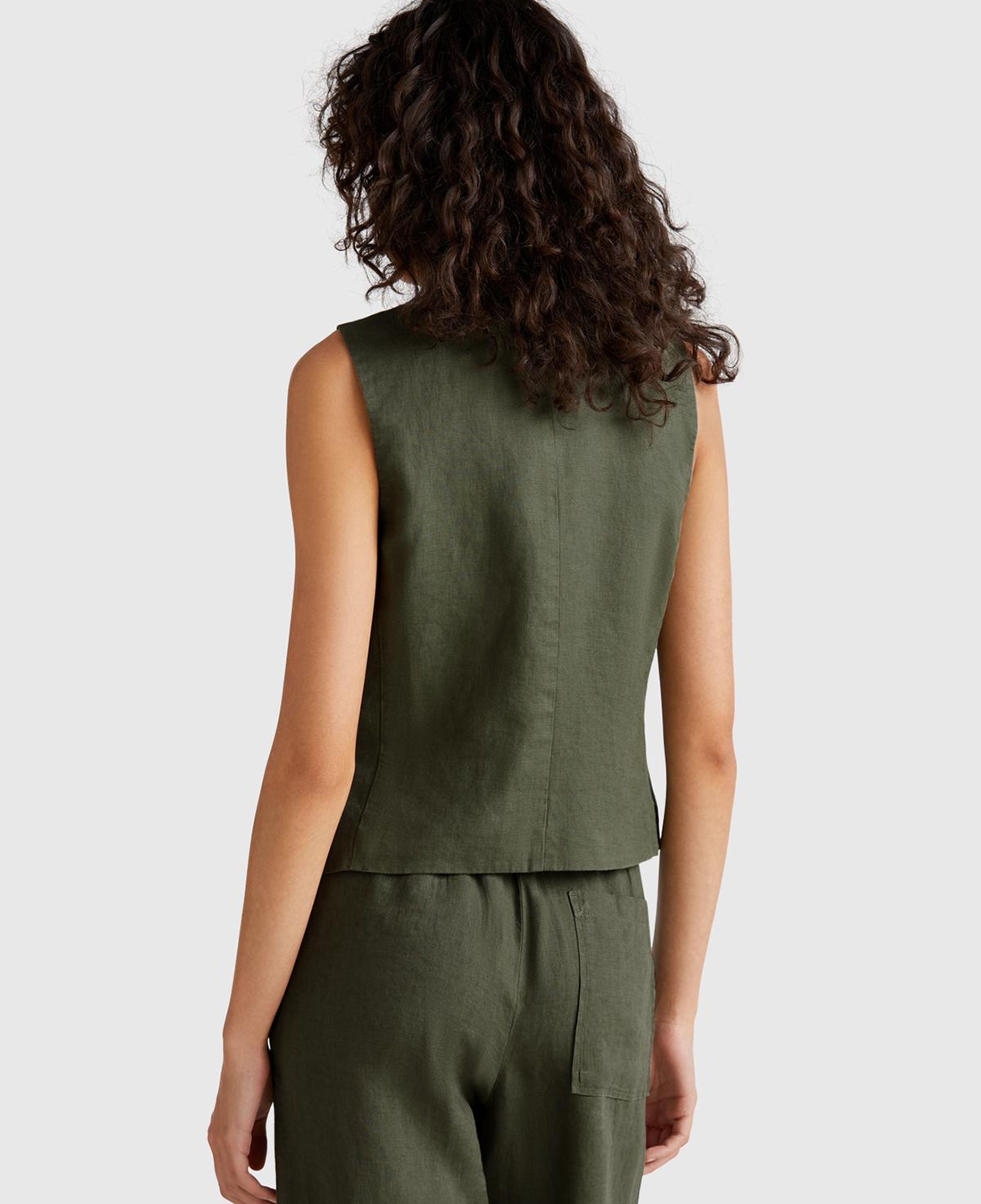 Kadın Haki %100 Keten Önü Düğme İliklemeli V Yaka Yelek