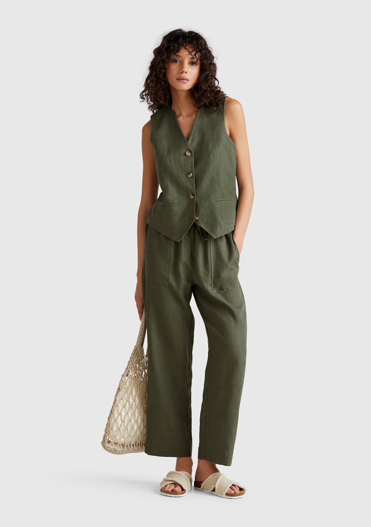 Kadın Haki %100 Keten Önü Düğme İliklemeli V Yaka Yelek