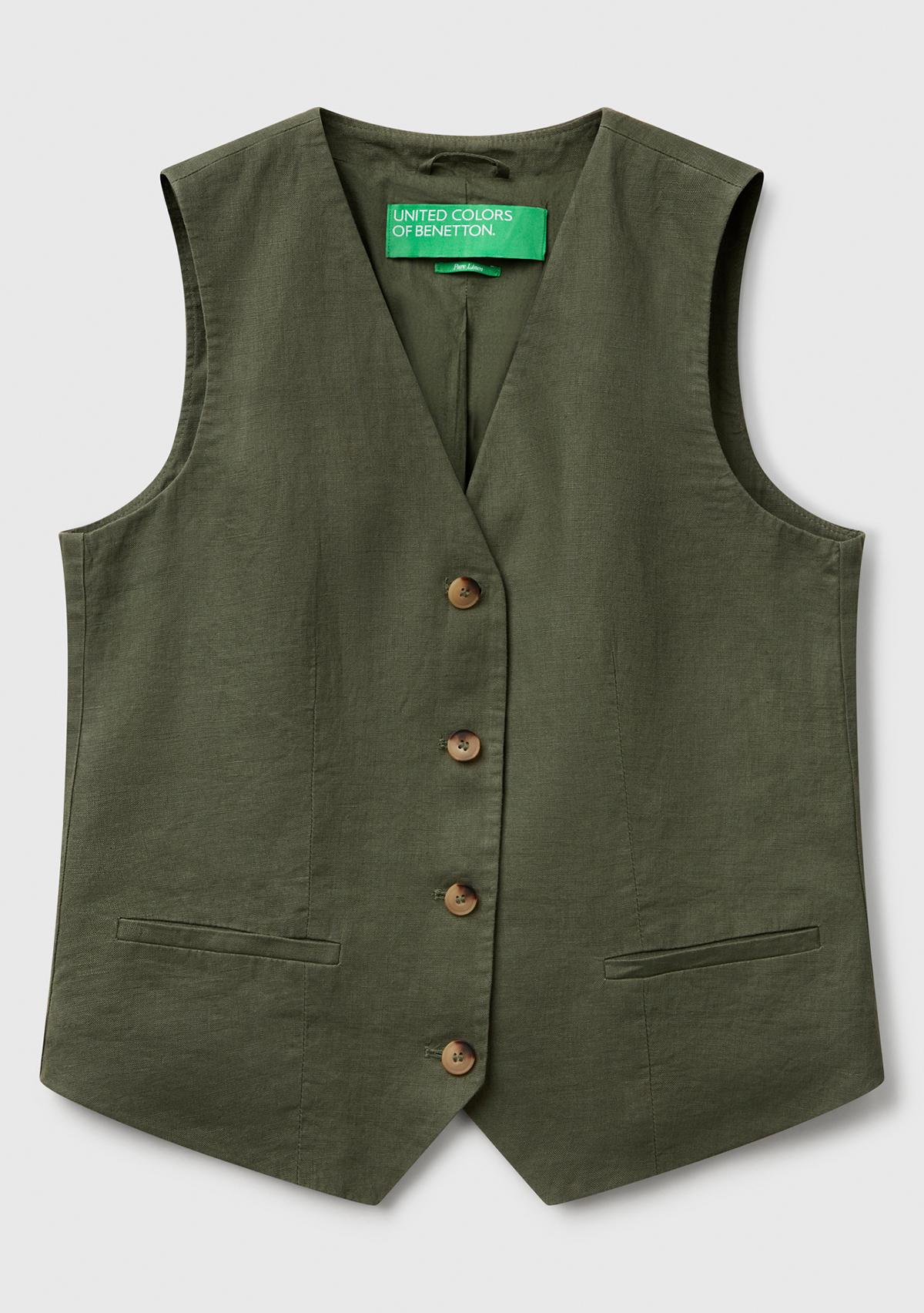 Kadın Haki %100 Keten Önü Düğme İliklemeli V Yaka Yelek