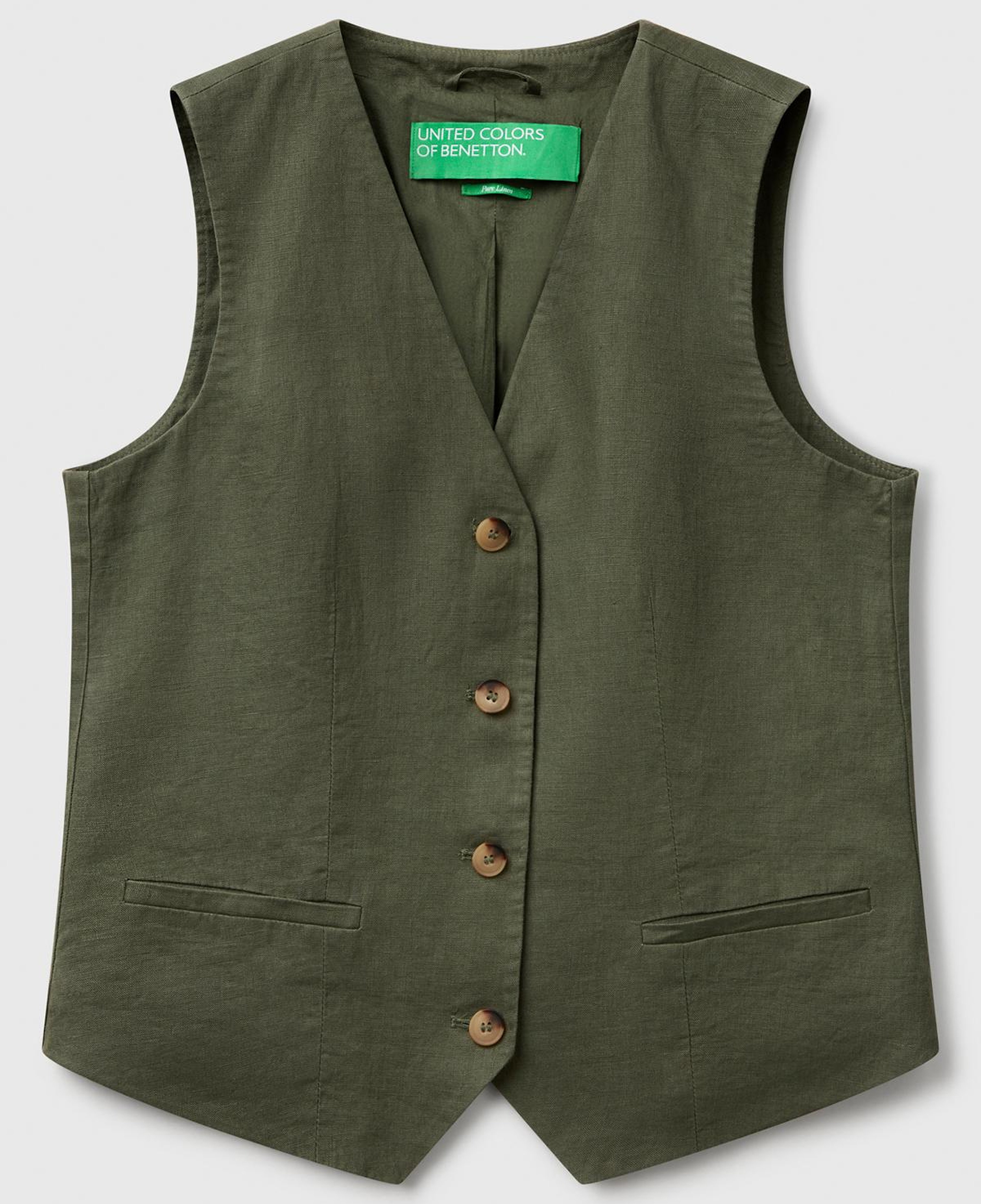 Kadın Haki %100 Keten Önü Düğme İliklemeli V Yaka Yelek