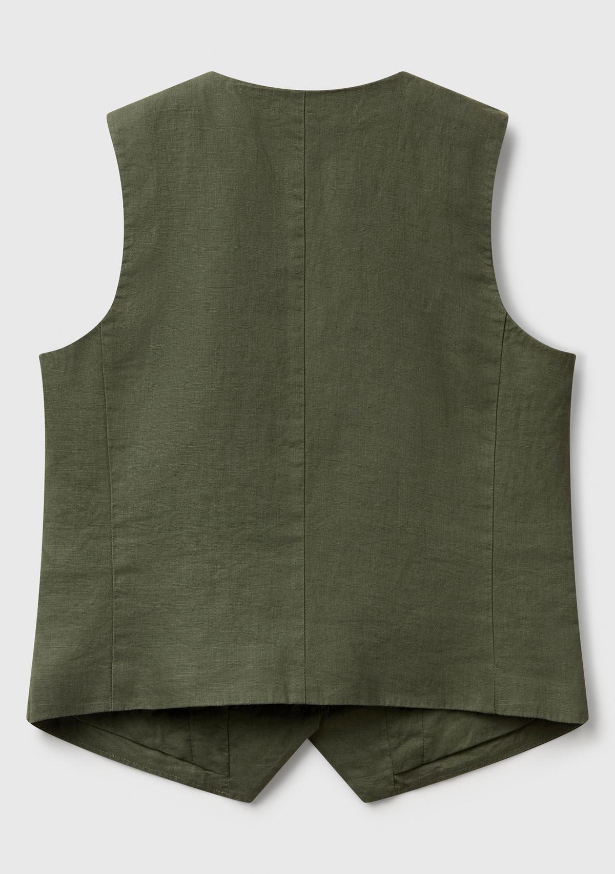 Kadın Haki %100 Keten Önü Düğme İliklemeli V Yaka Yelek