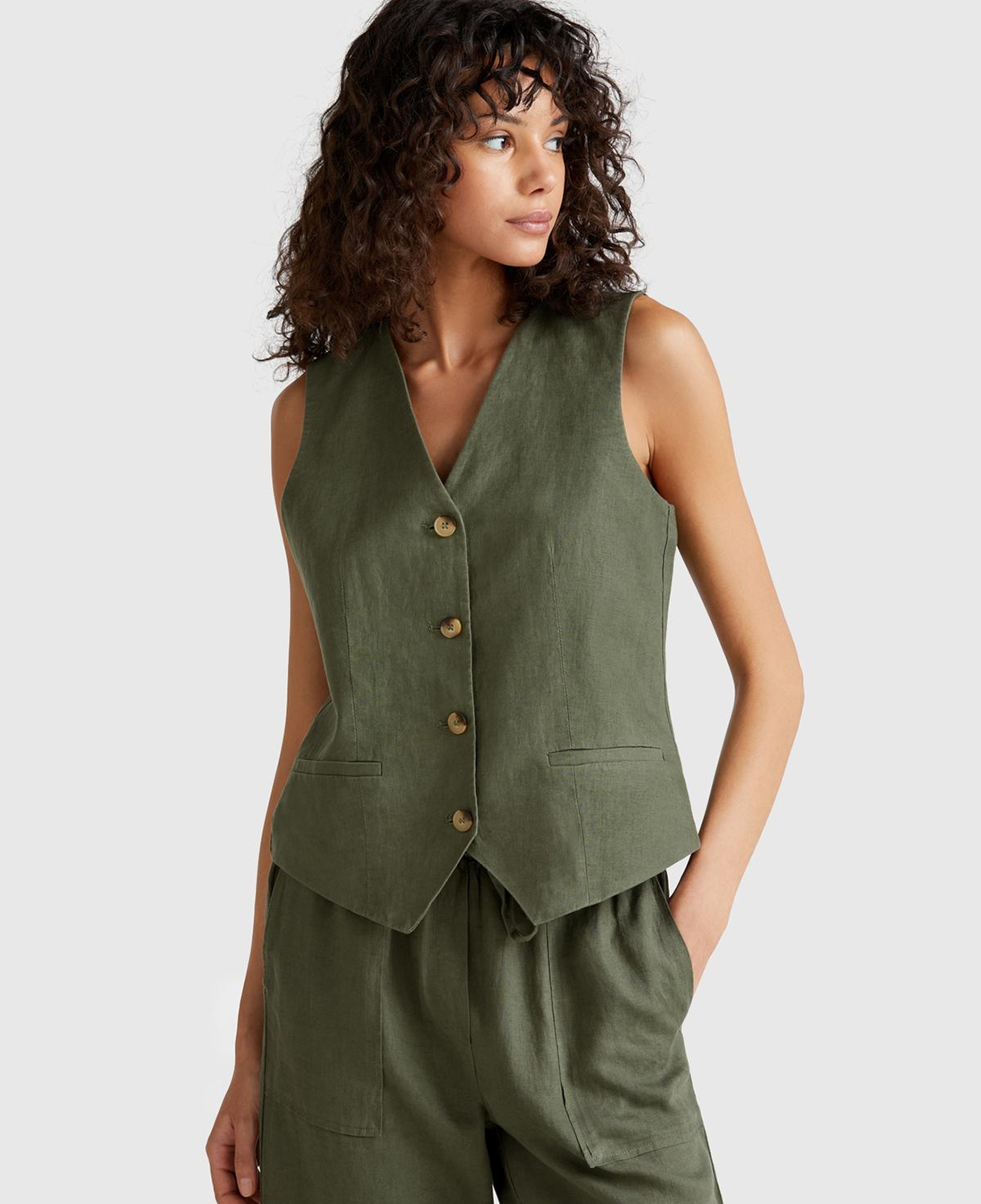 Kadın Haki %100 Keten Önü Düğme İliklemeli V Yaka Yelek