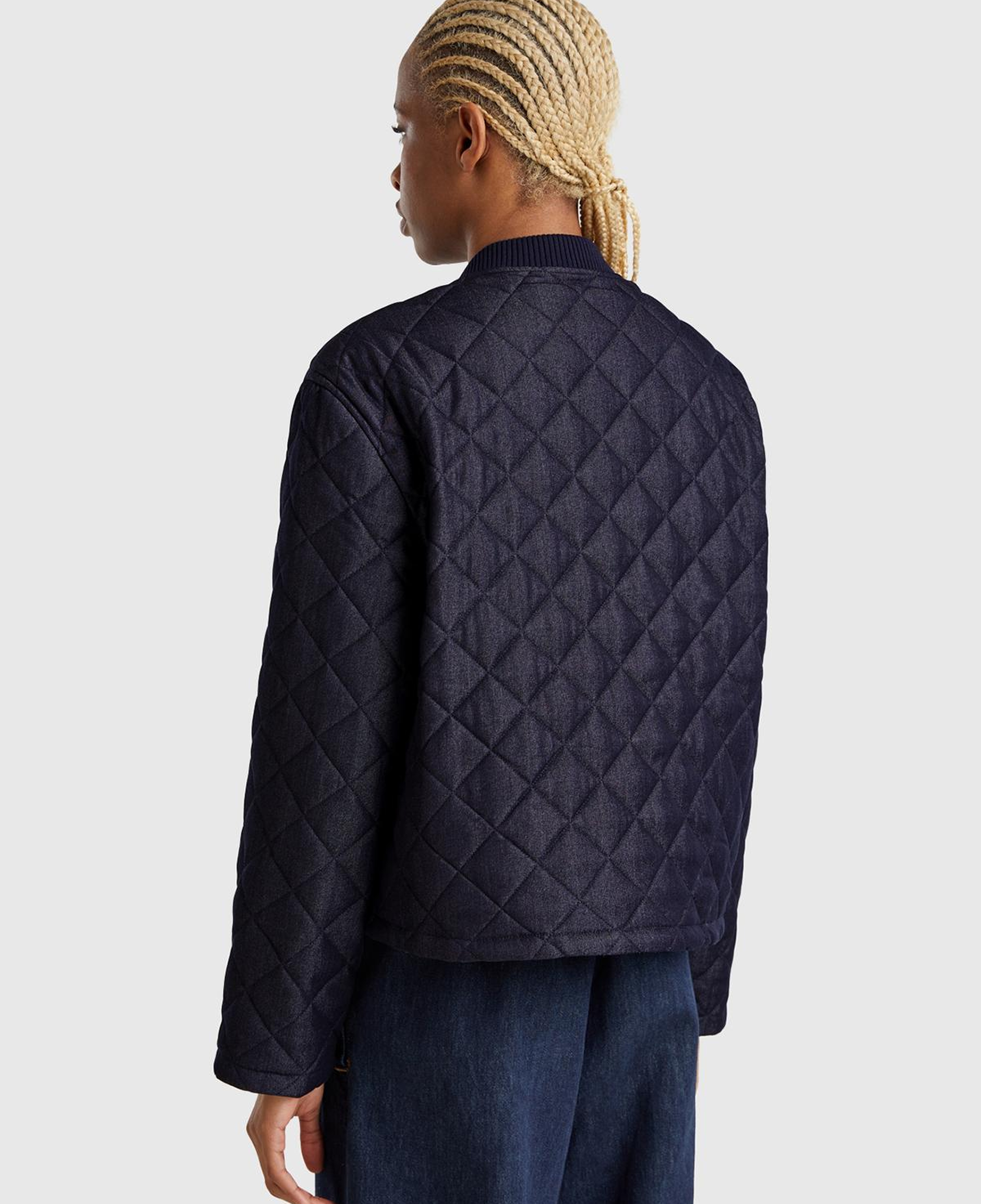 Kadın Lacivert Viskoz Karışımlı Denim Efekkli Kapitone Mont