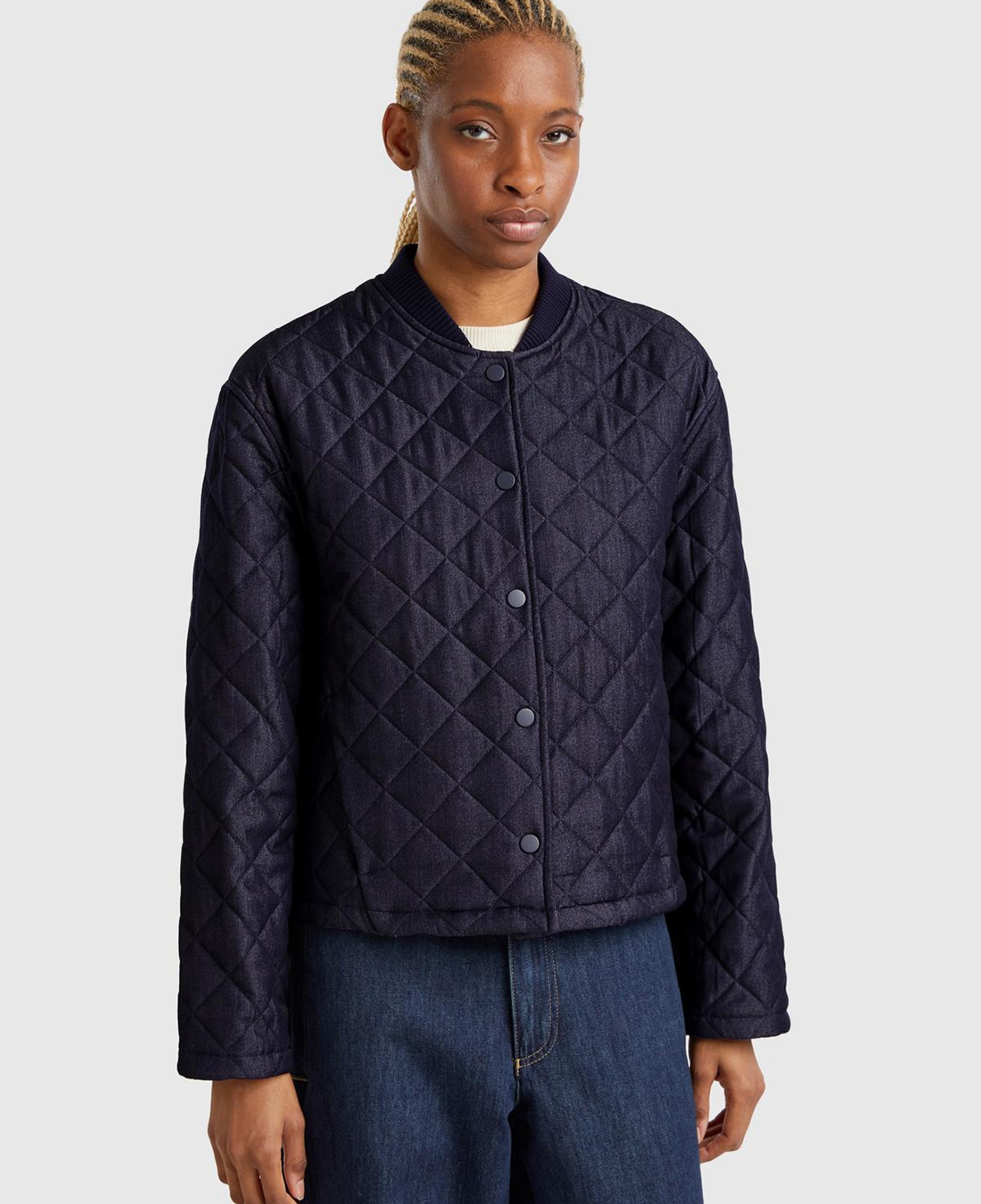 Kadın Lacivert Viskoz Karışımlı Denim Efekkli Kapitone Mont