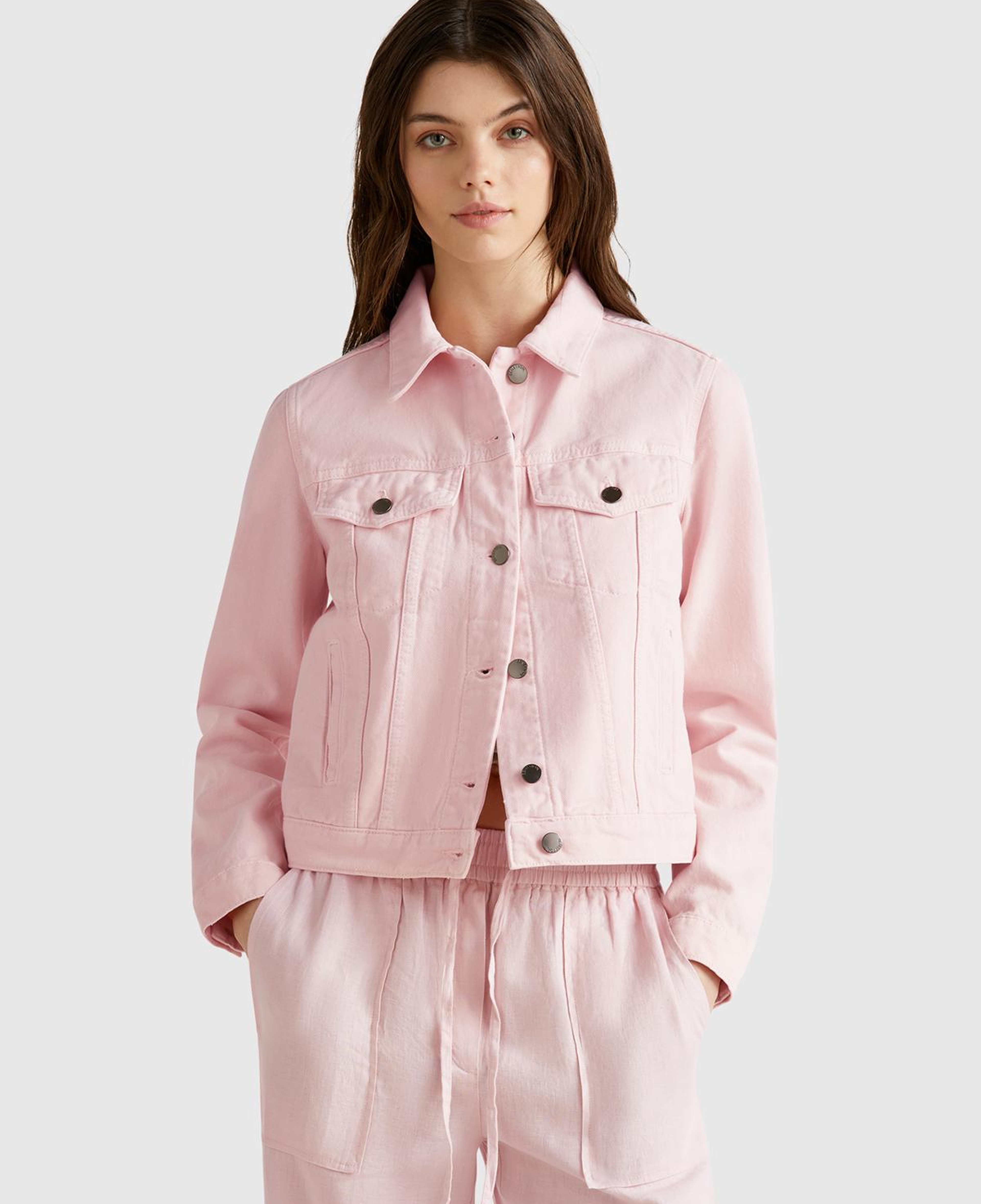 Kadın Pembe %100 Pamuk Yanları Cepli Straight Fit Denim Ceket