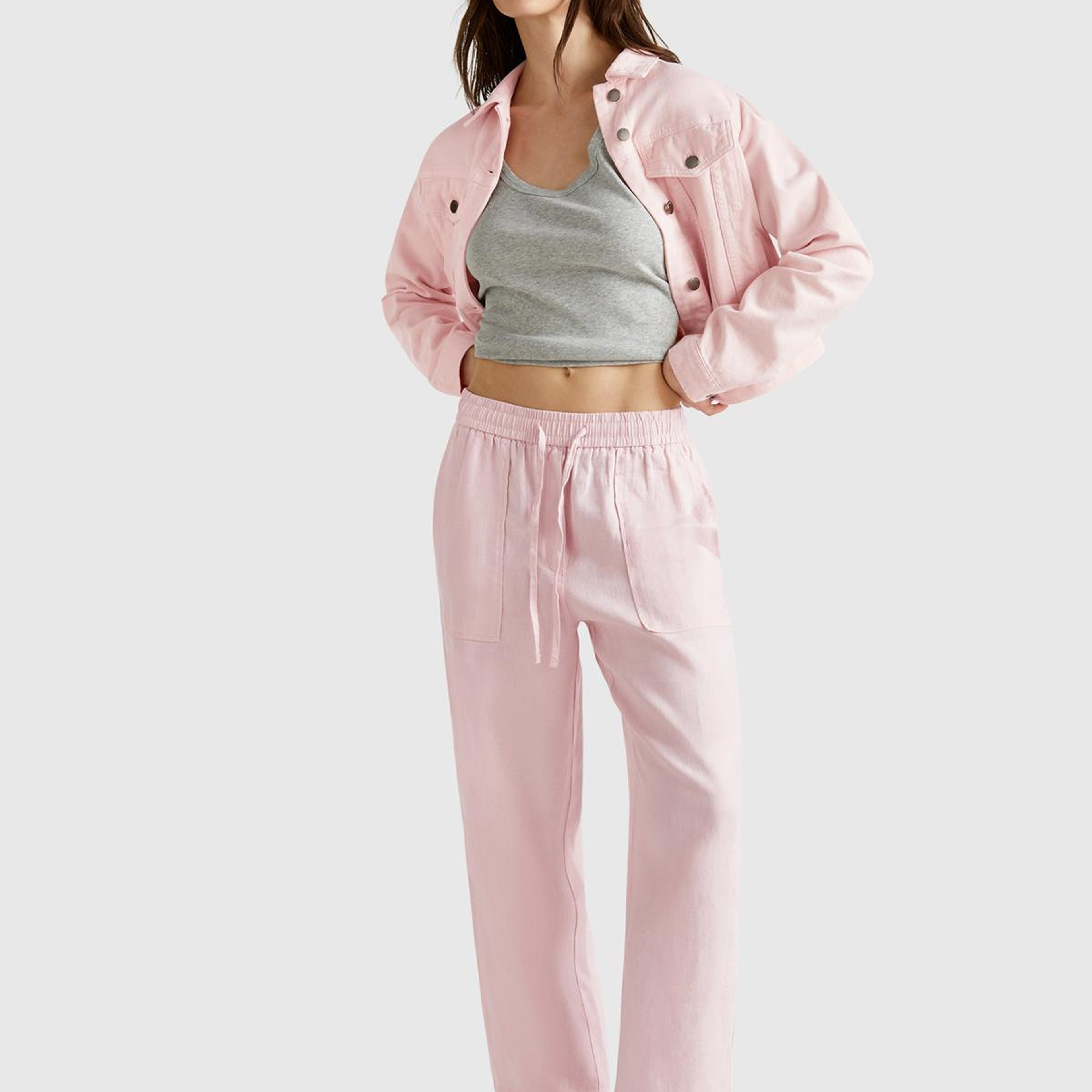 Kadın Pembe %100 Pamuk Yanları Cepli Straight Fit Denim Ceket