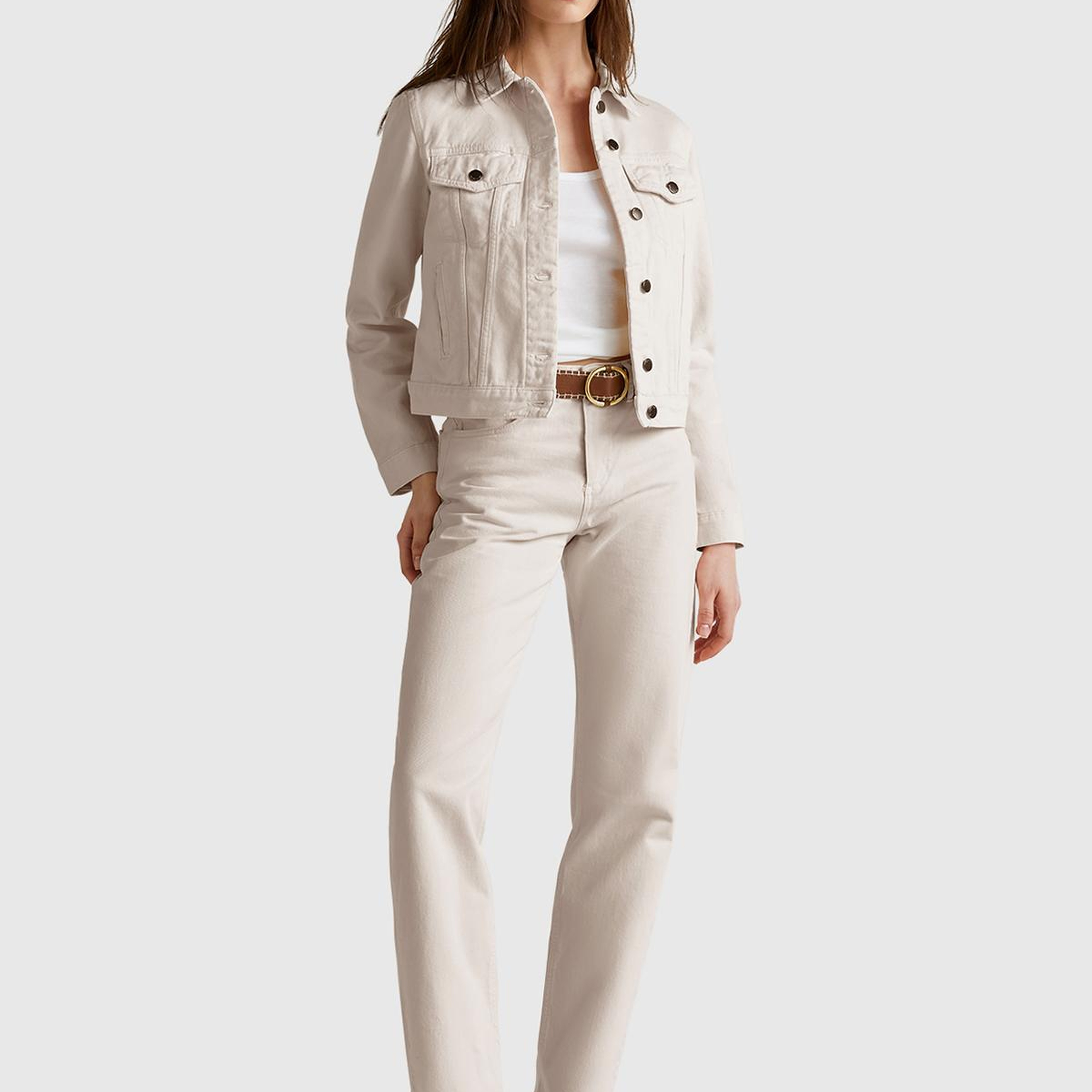 Kadın Krem %100 Pamuk Yanları Cepli Straight Fit Denim Ceket