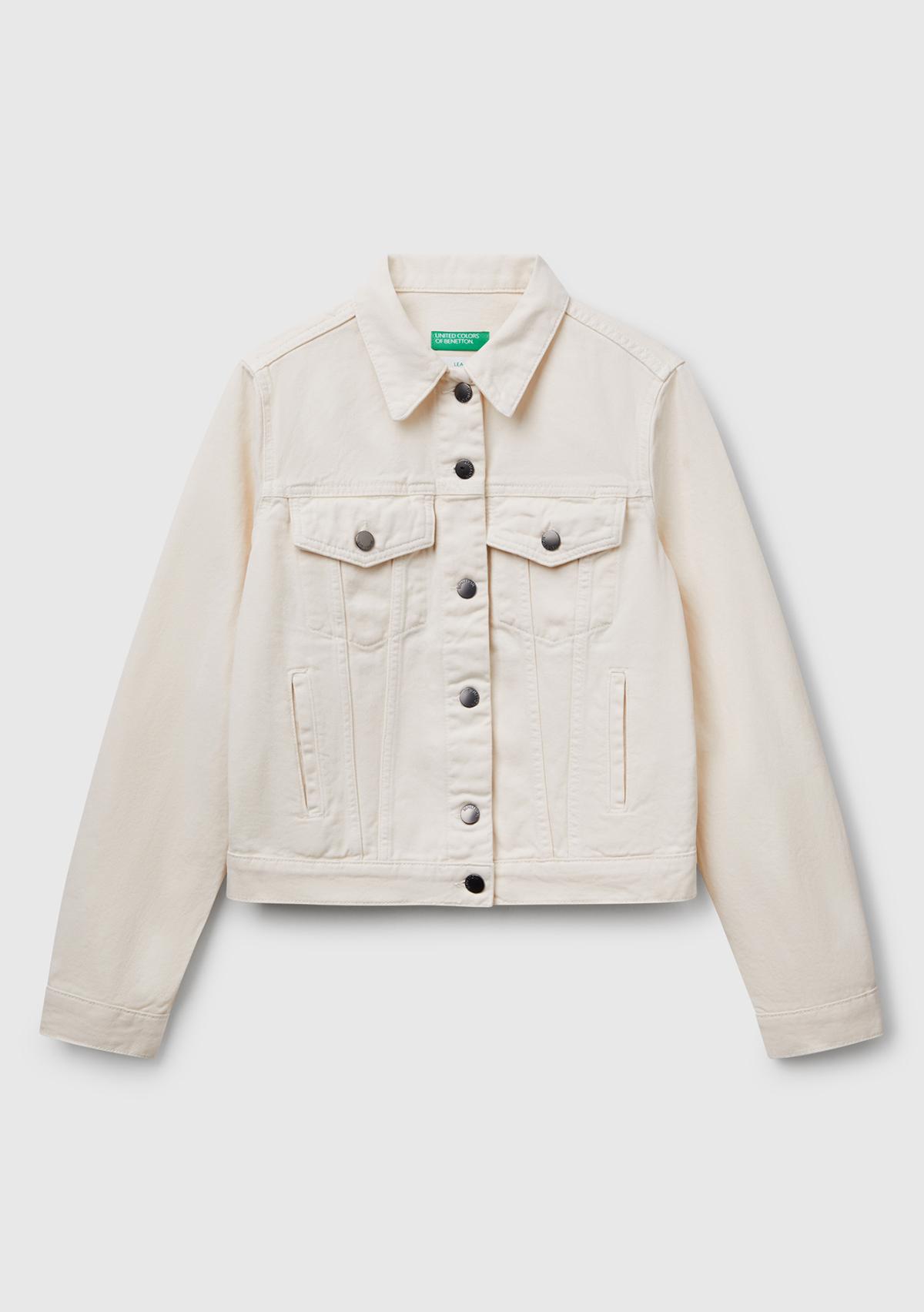 Kadın Krem %100 Pamuk Yanları Cepli Straight Fit Denim Ceket