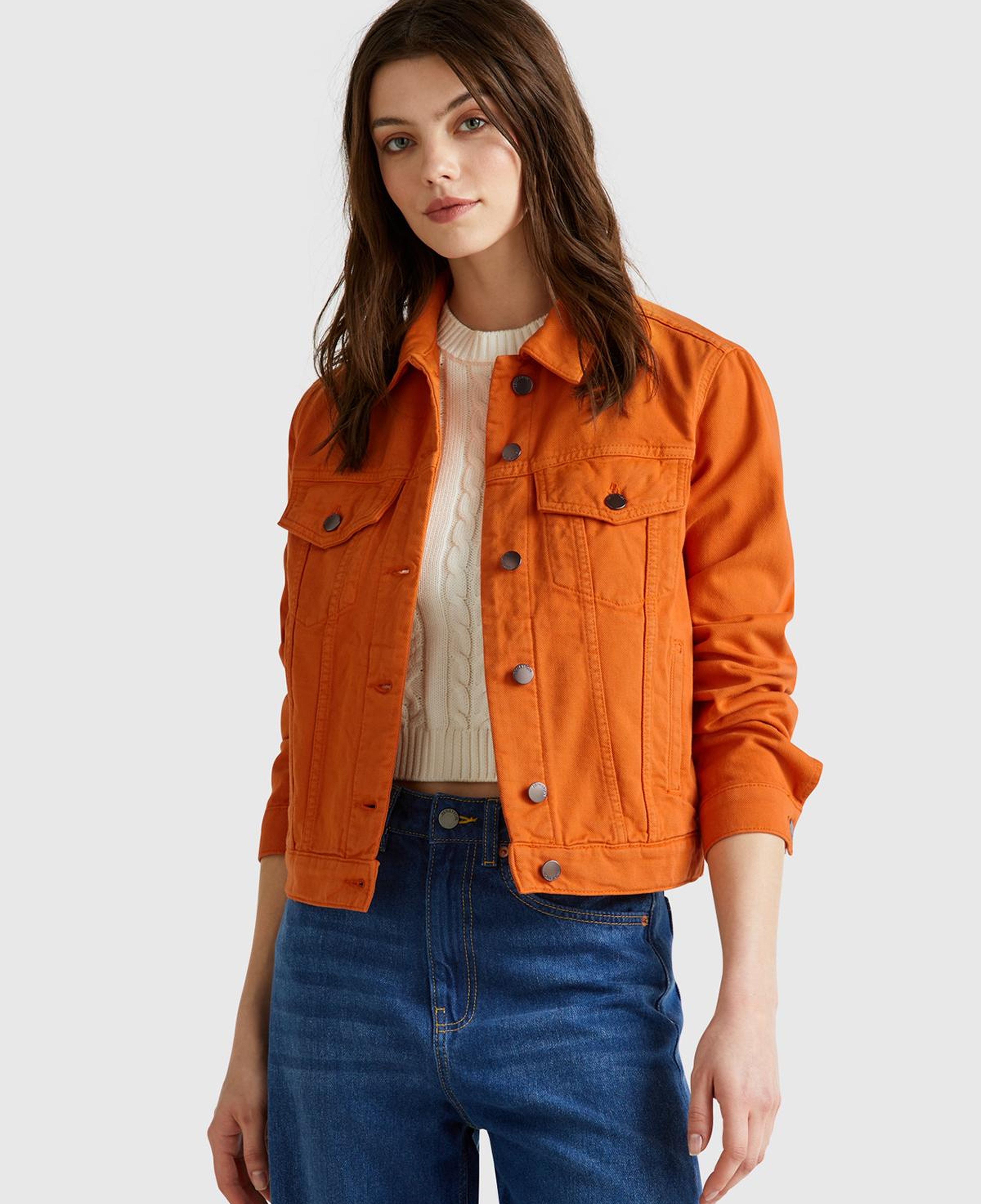 Kadın Turuncu %100 Pamuk Yanları Cepli Straight Fit Denim Ceket