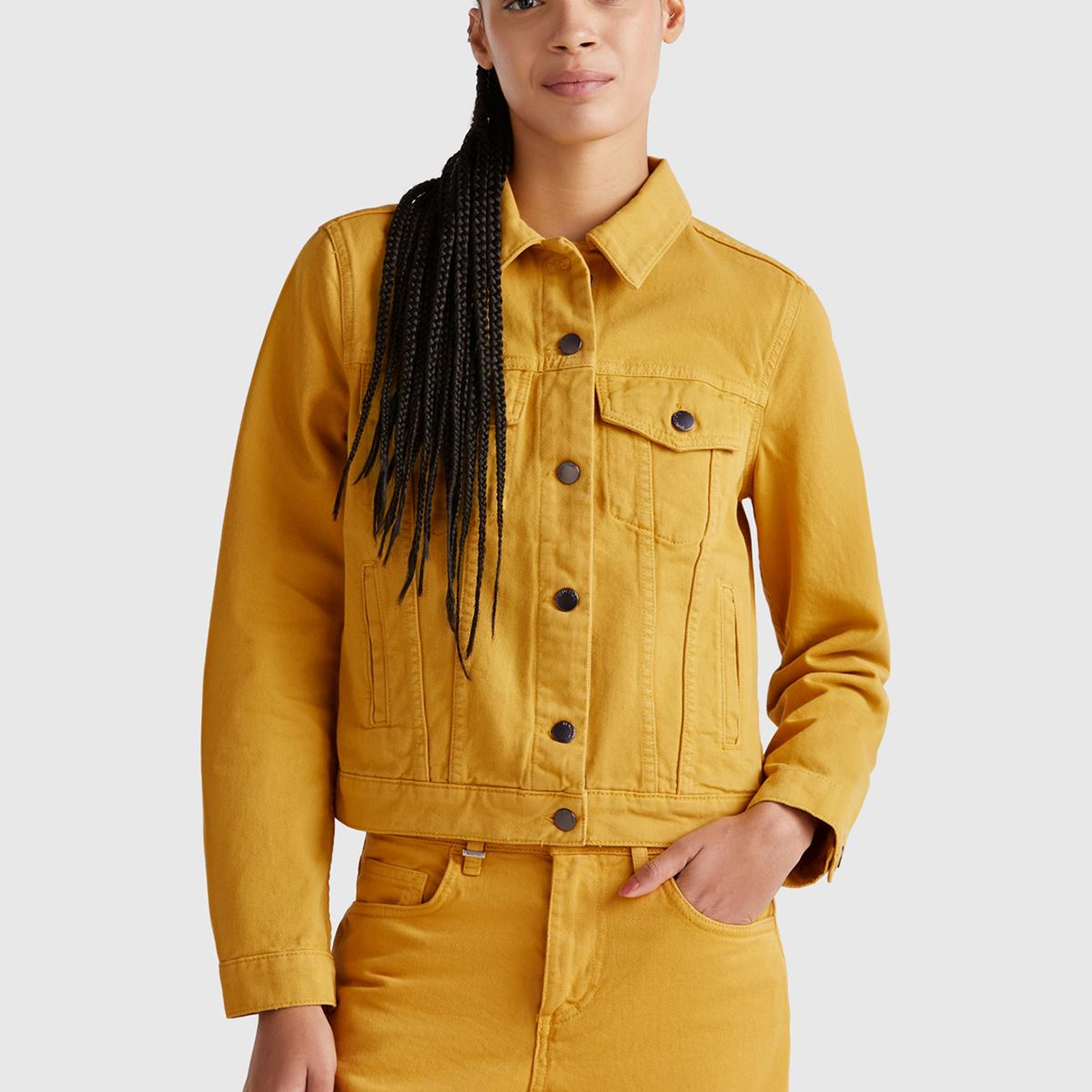 Kadın Sarı %100 Pamuk Yanları Cepli Straight Fit Denim Ceket