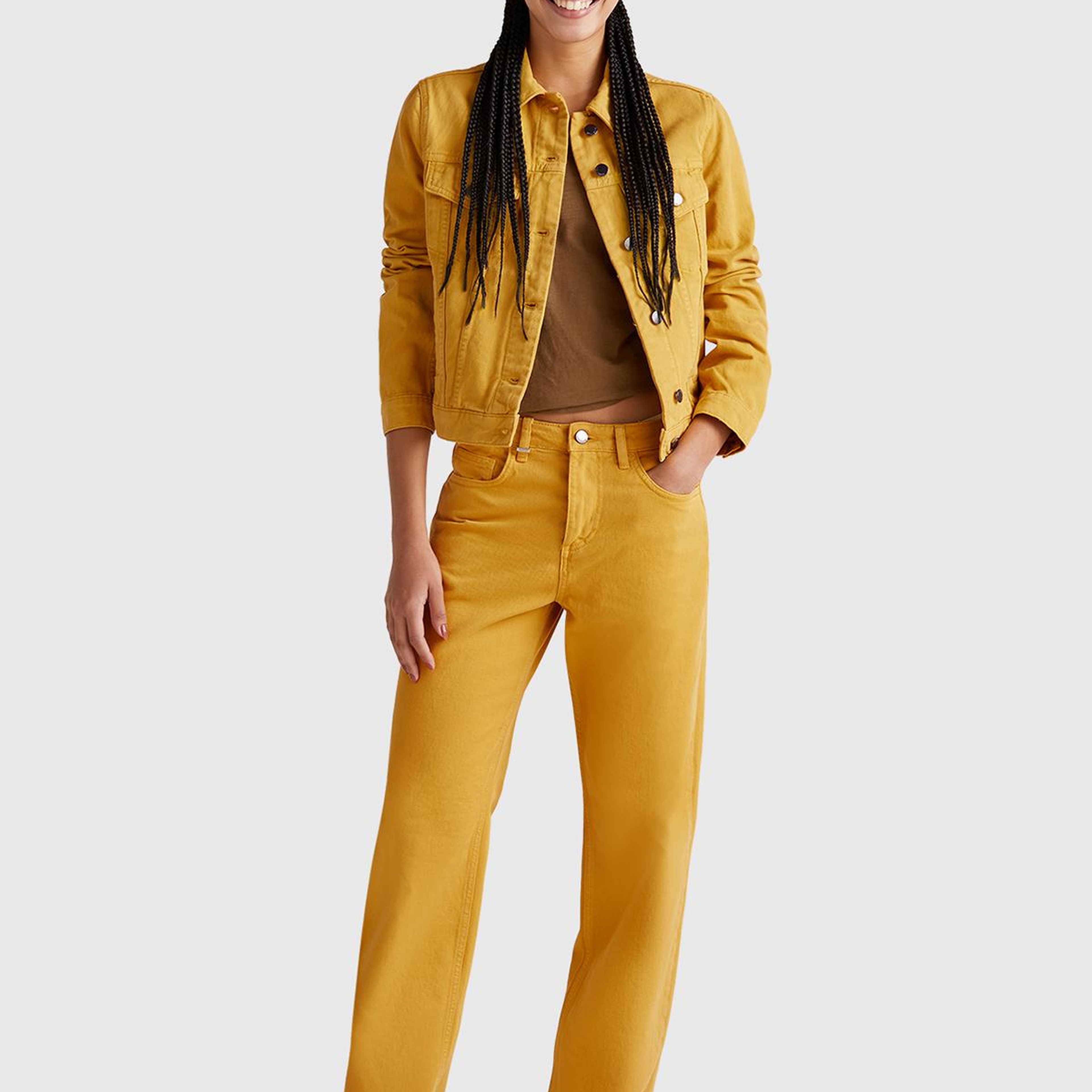 Kadın Sarı %100 Pamuk Yanları Cepli Straight Fit Denim Ceket