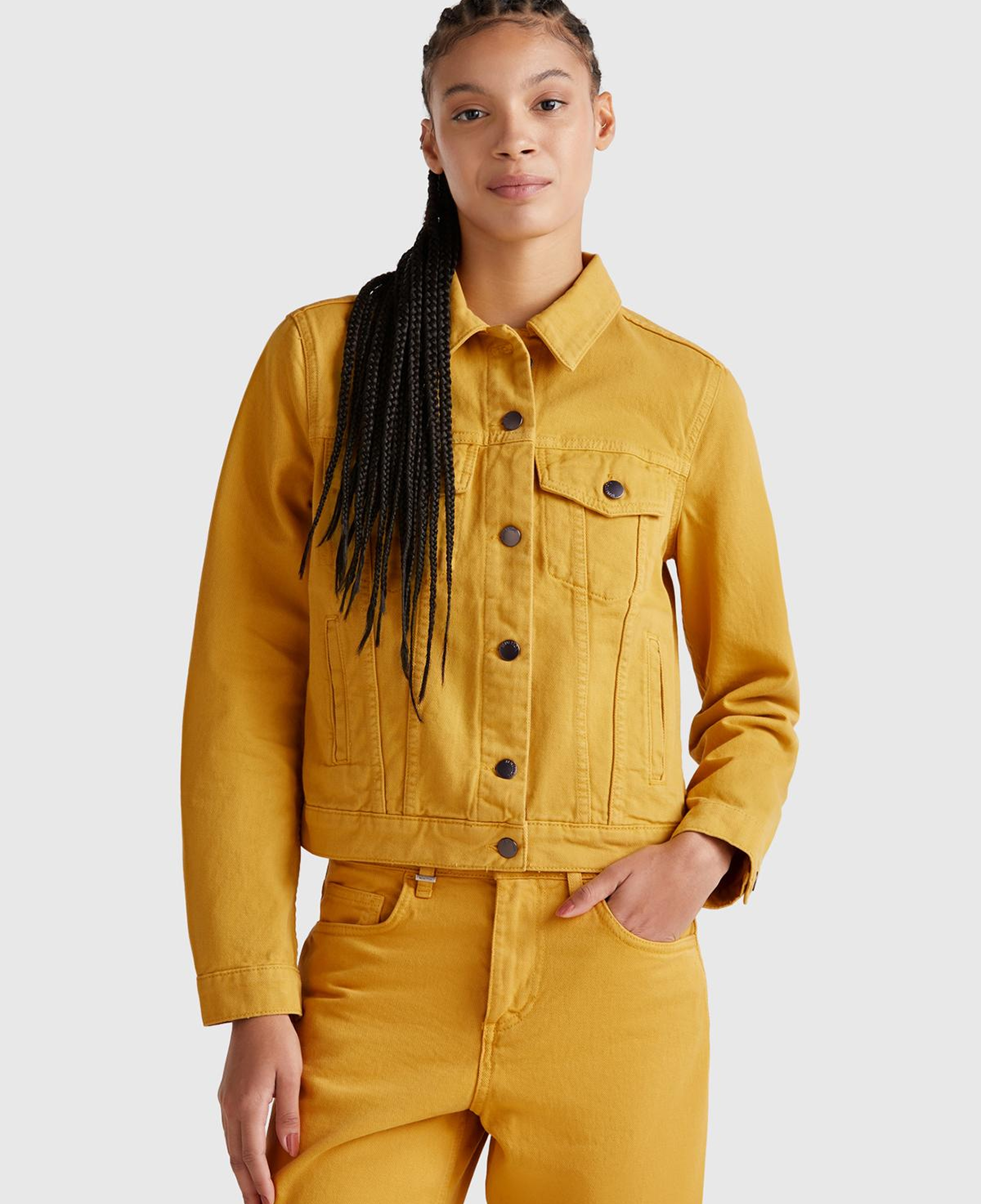 Kadın Sarı %100 Pamuk Yanları Cepli Straight Fit Denim Ceket