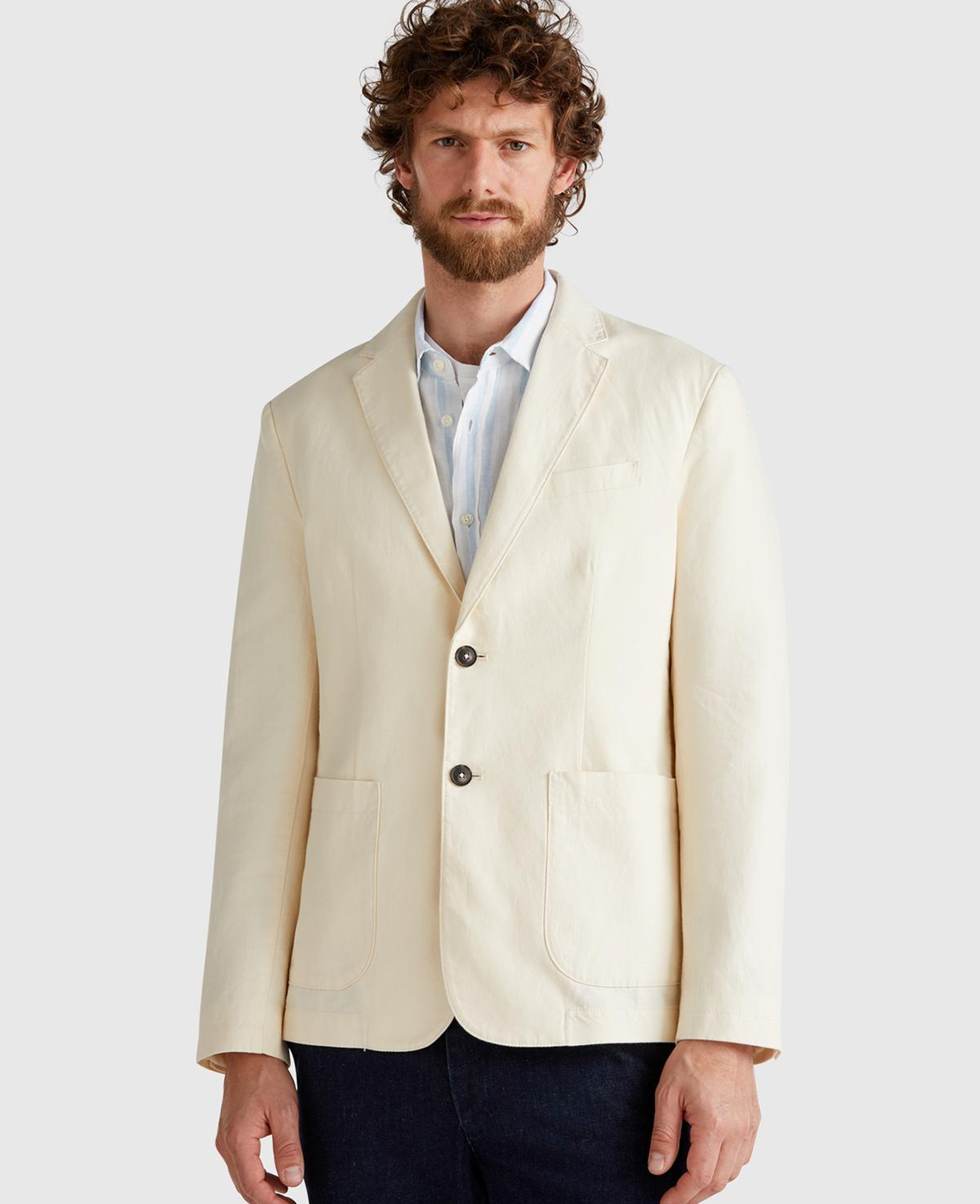 Erkek Bej Keten Karışımlı Biyeli Cep Detaylı Çift Düğmeli Blazer Ceket