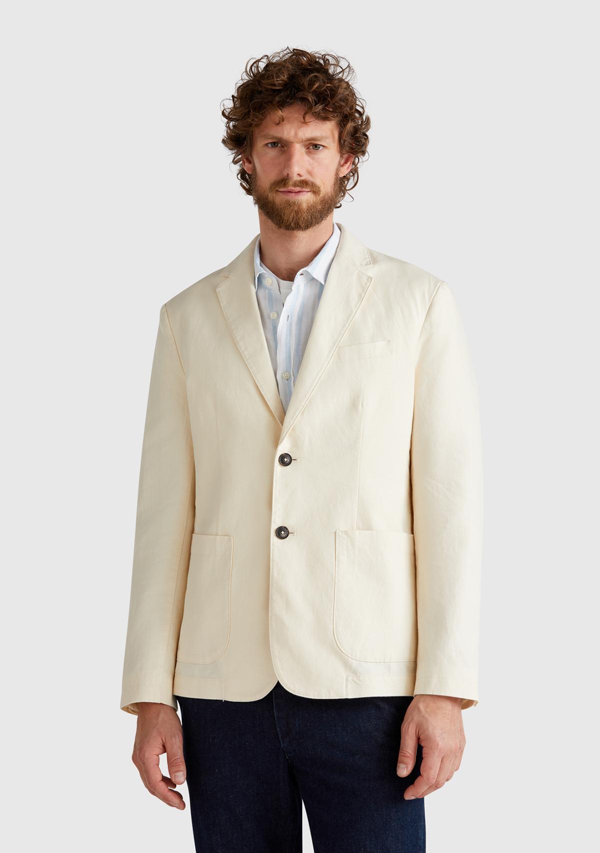 Erkek Bej Keten Karışımlı Biyeli Cep Detaylı Çift Düğmeli Blazer Ceket