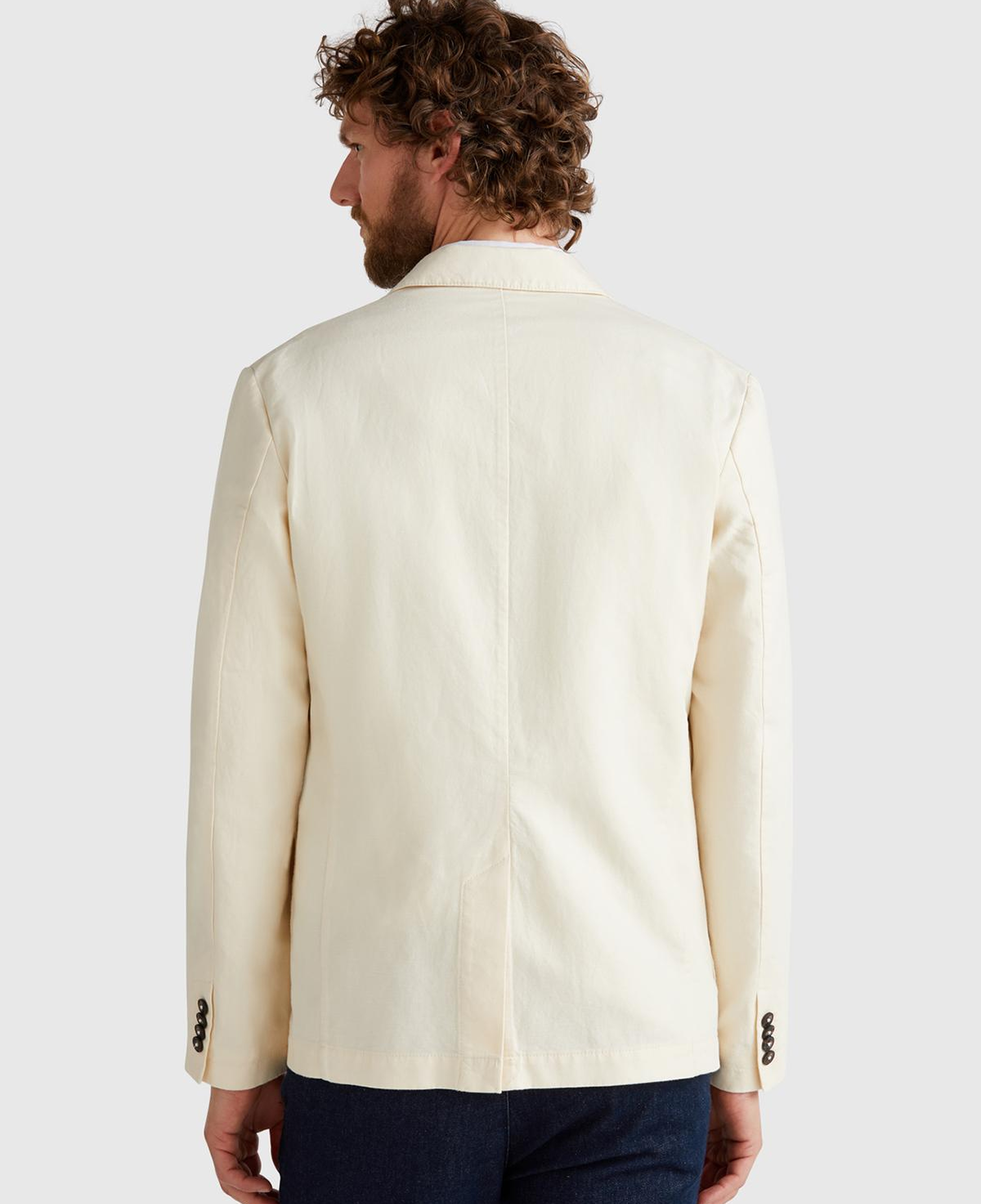 Erkek Bej Keten Karışımlı Biyeli Cep Detaylı Çift Düğmeli Blazer Ceket