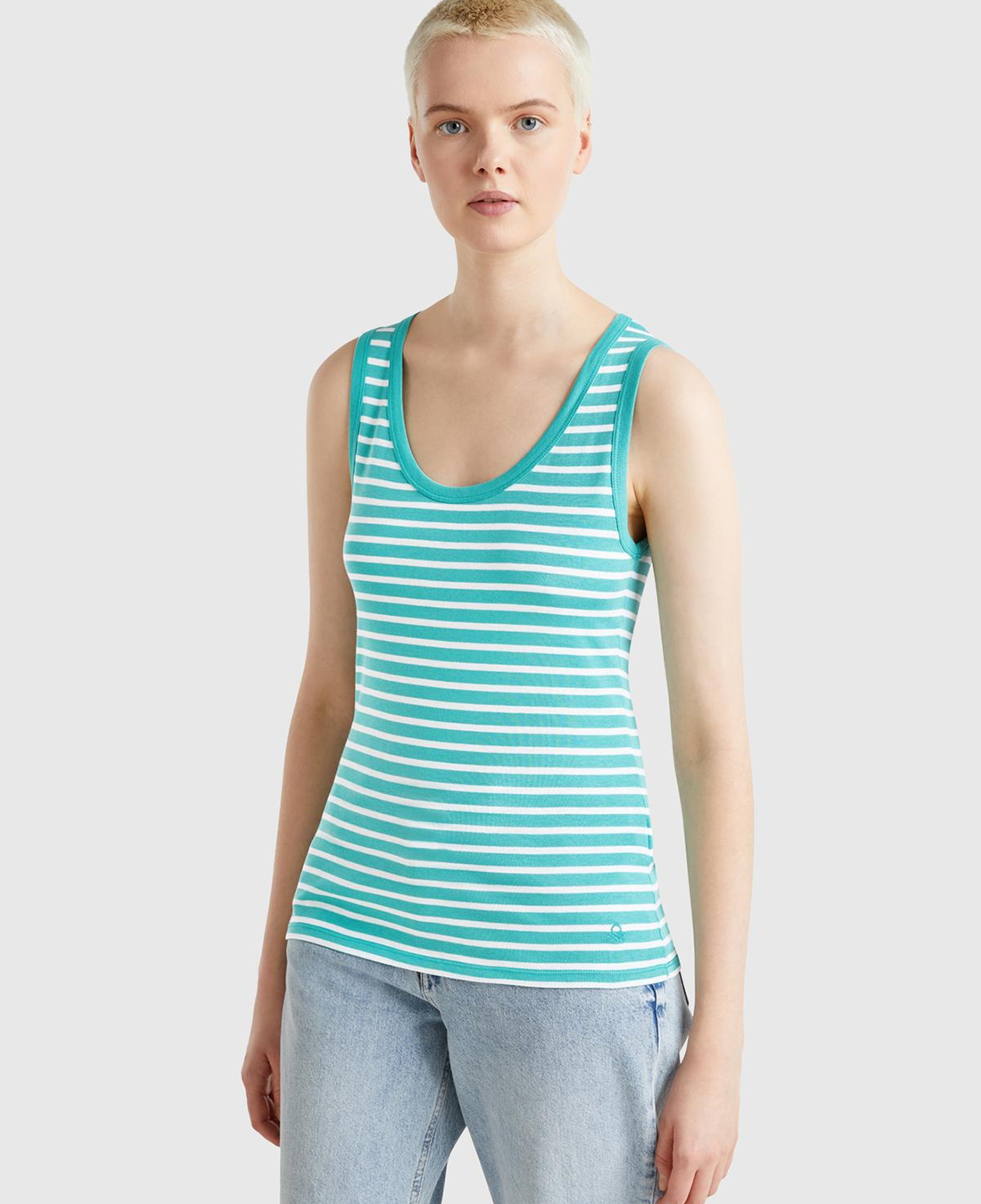 Kadın Mavi %100 Pamuk Çizgili Logo İşleme Detaylı Regular Fit Atlet