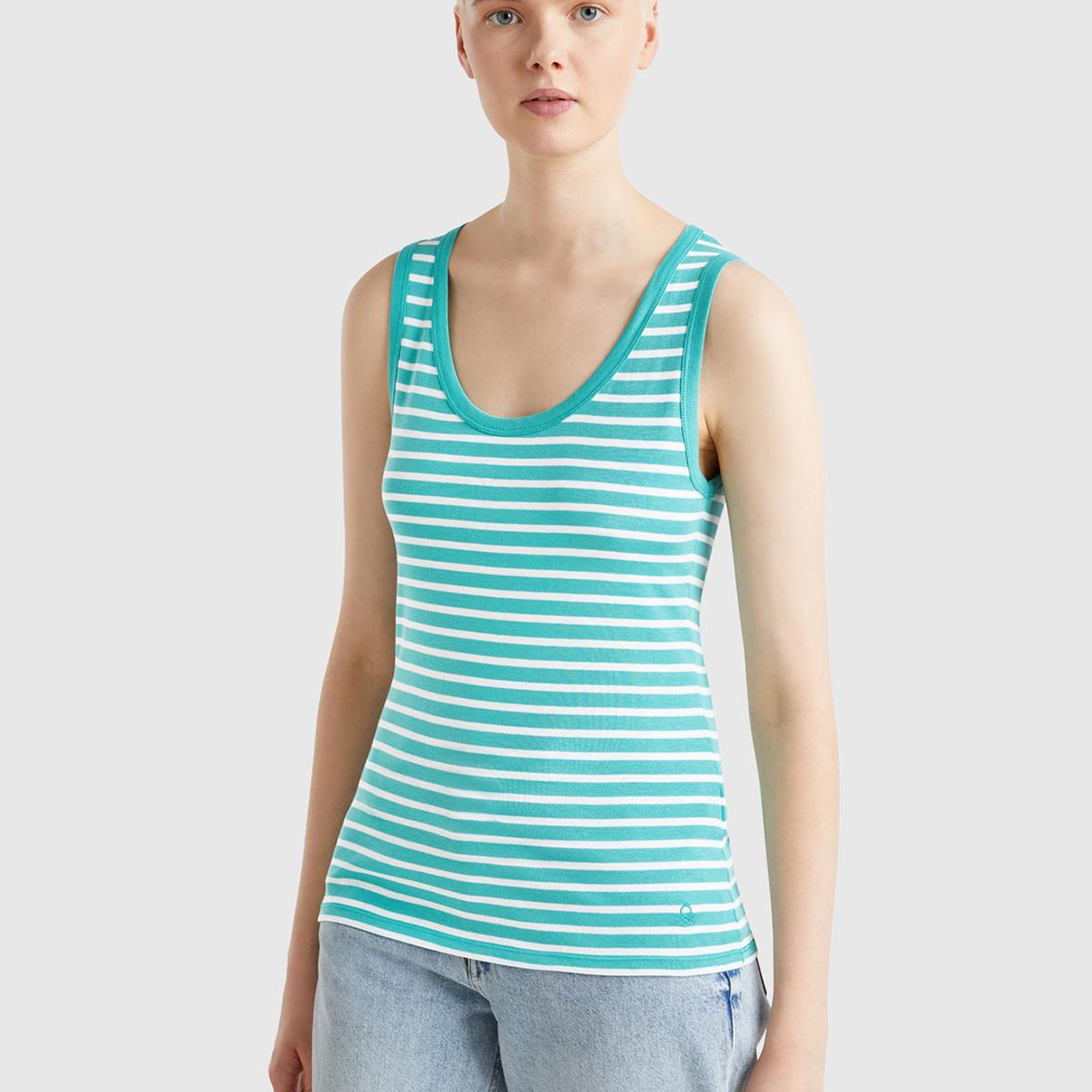 Kadın Mavi %100 Pamuk Çizgili Logo İşleme Detaylı Regular Fit Atlet