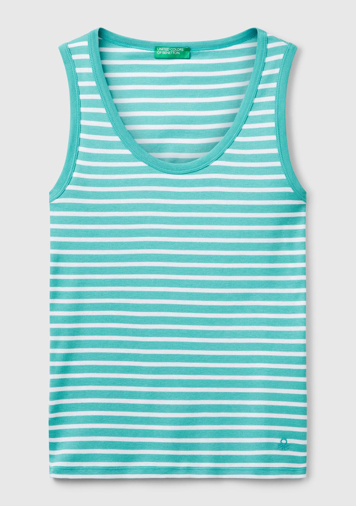 Kadın Mavi %100 Pamuk Çizgili Logo İşleme Detaylı Regular Fit Atlet