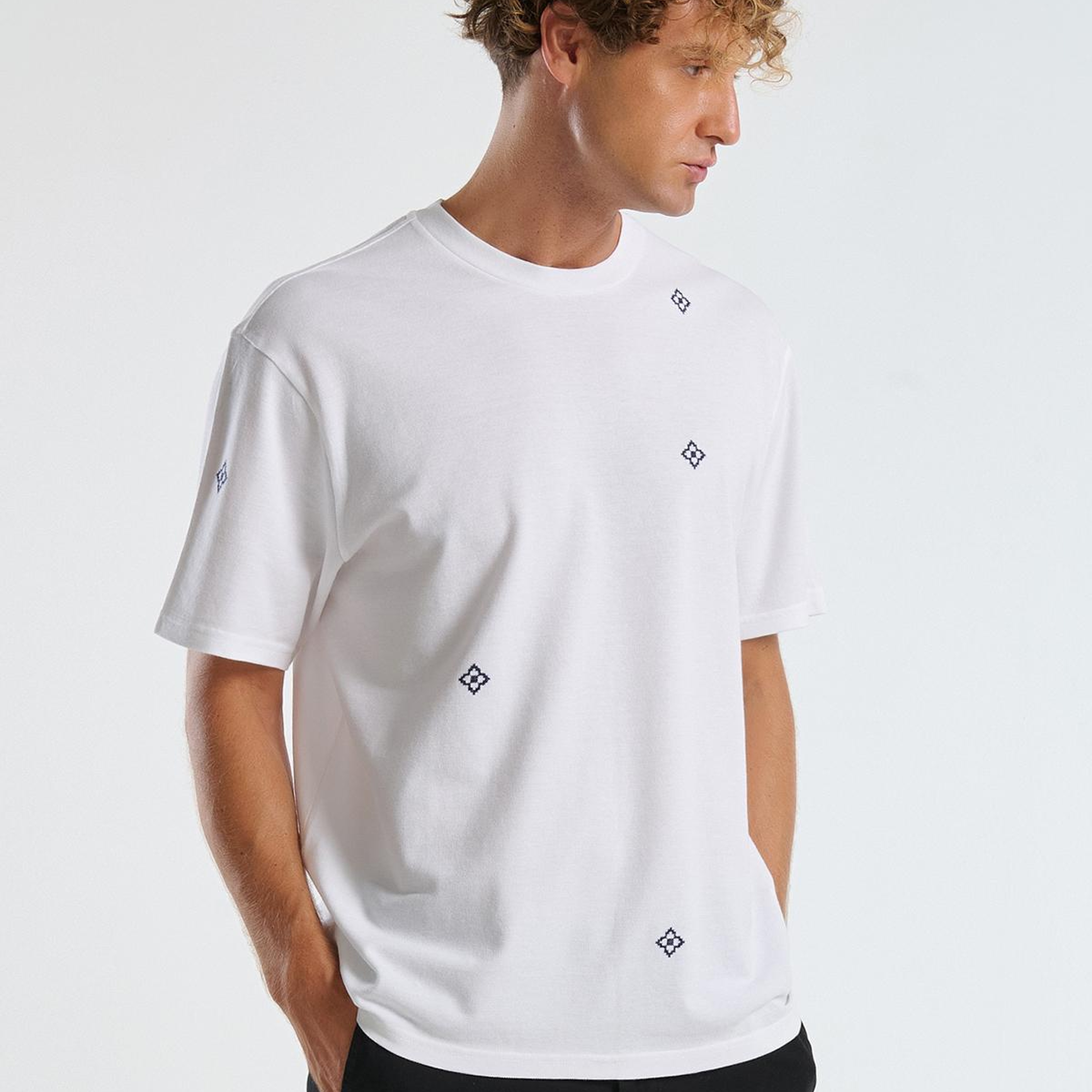 Erkek Beyaz %100 Koton Desenli Pike T-Shirt