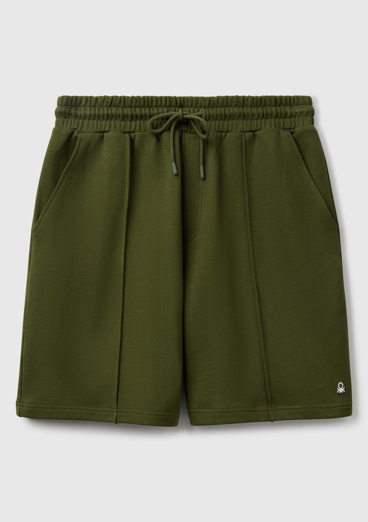 Erkek Haki %100 Pamuk Logo Detaylı Beli Büzgü İpli Bermuda Şort