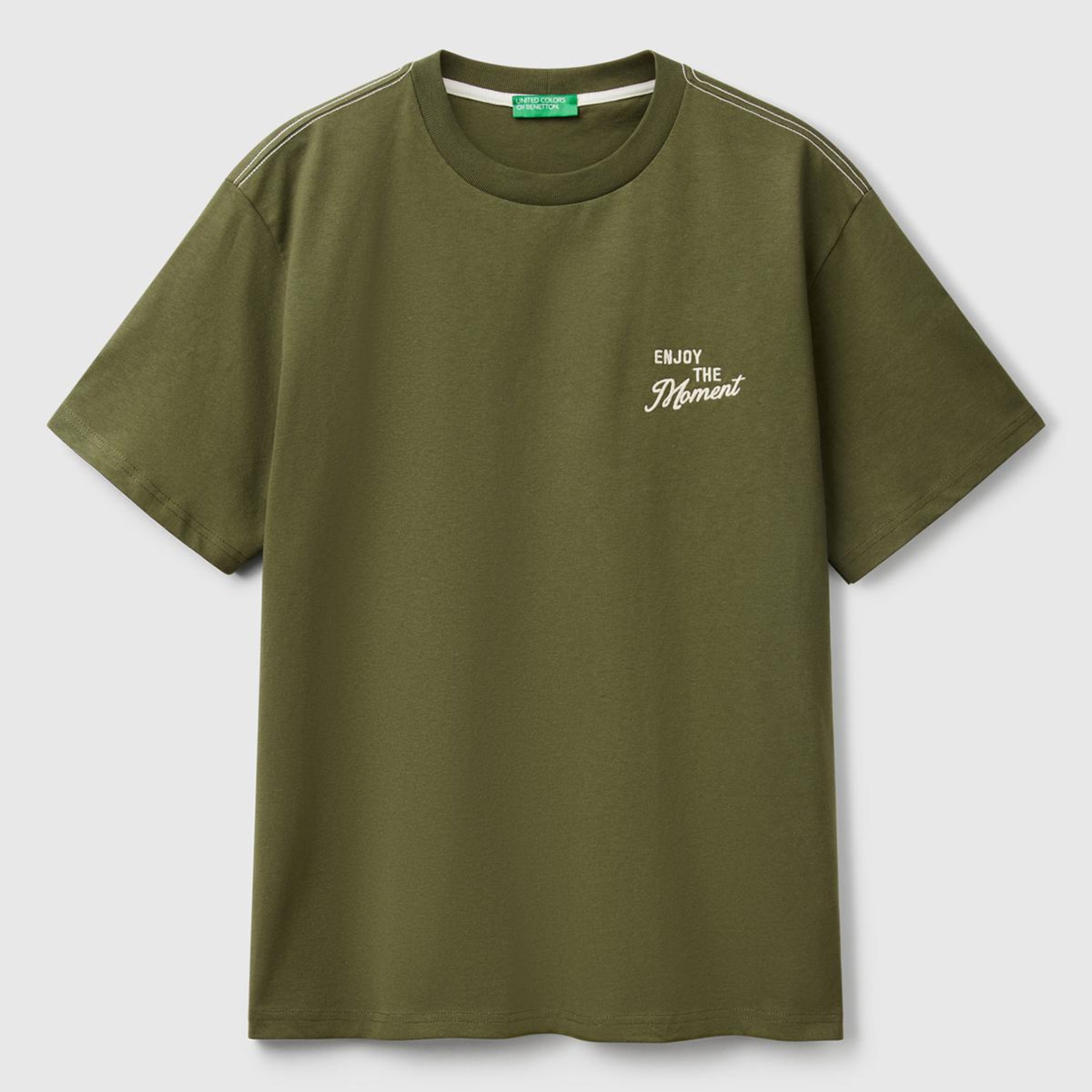 Erkek Haki %100 Pamuk Sol Önü Baskılı Relax Fit Bisiklet Yaka T-Shirt