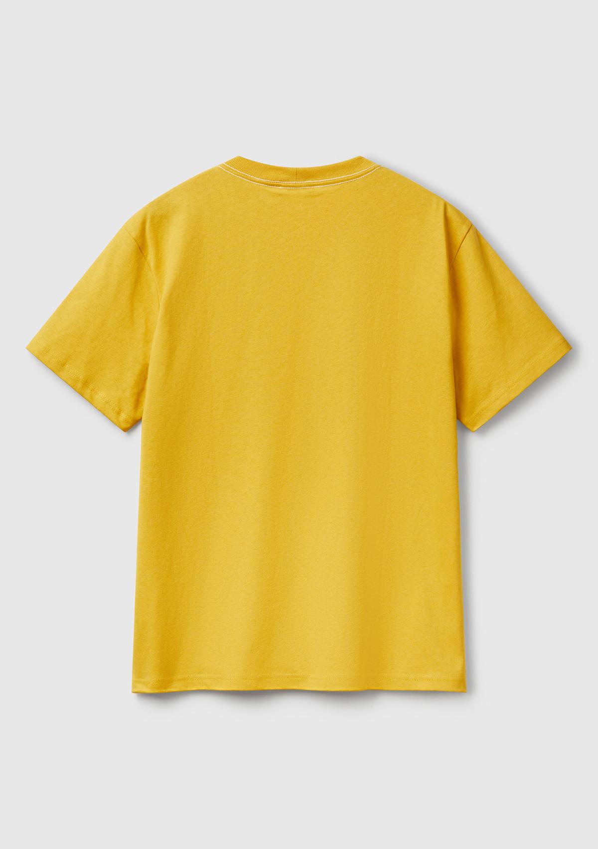 Erkek Sarı %100 Pamuk Sol Önü Baskılı Relax Fit Bisiklet Yaka T-Shirt