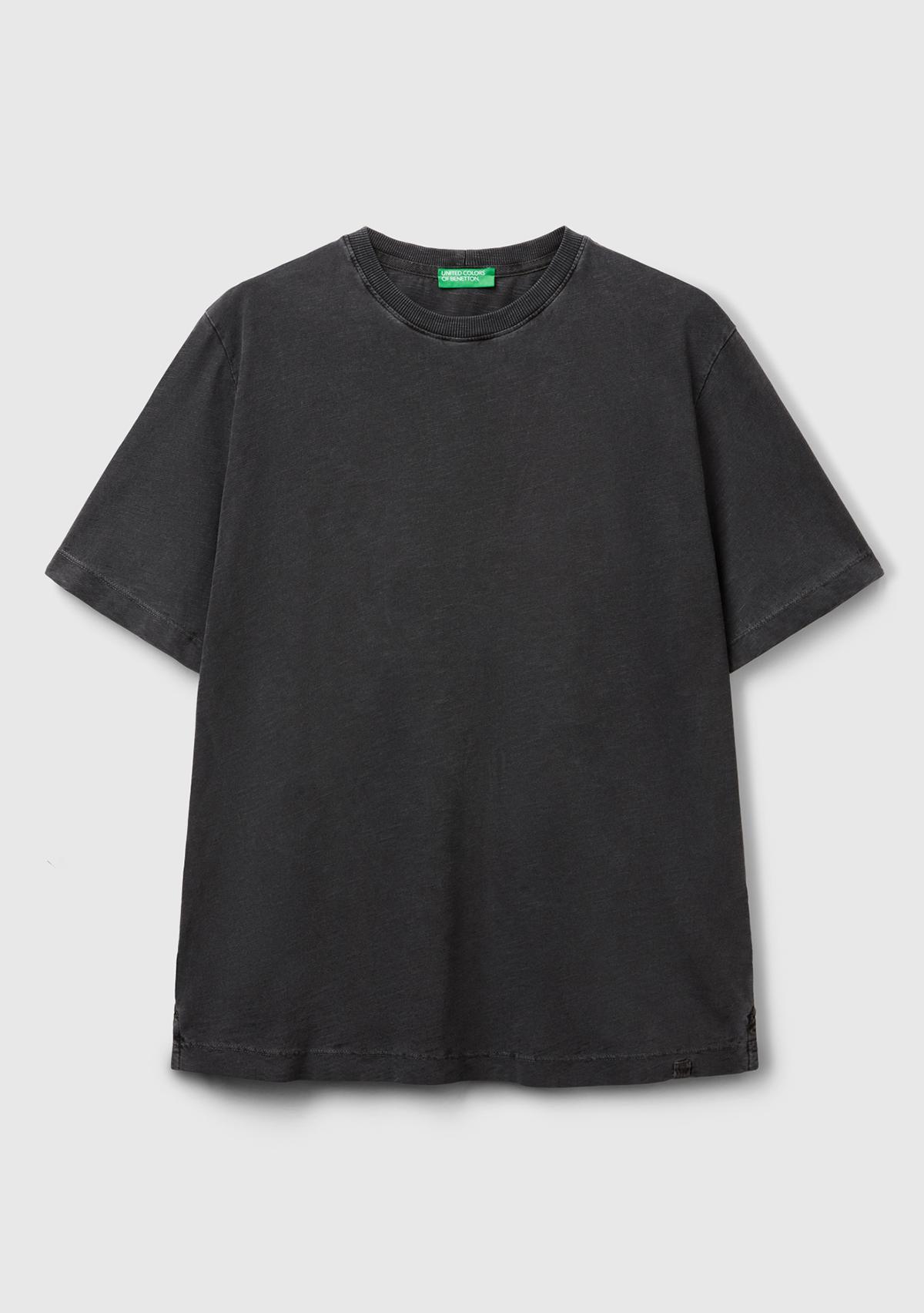 Erkek Siyah %100 Koton Bisiklet Yaka Slub T-Shirt