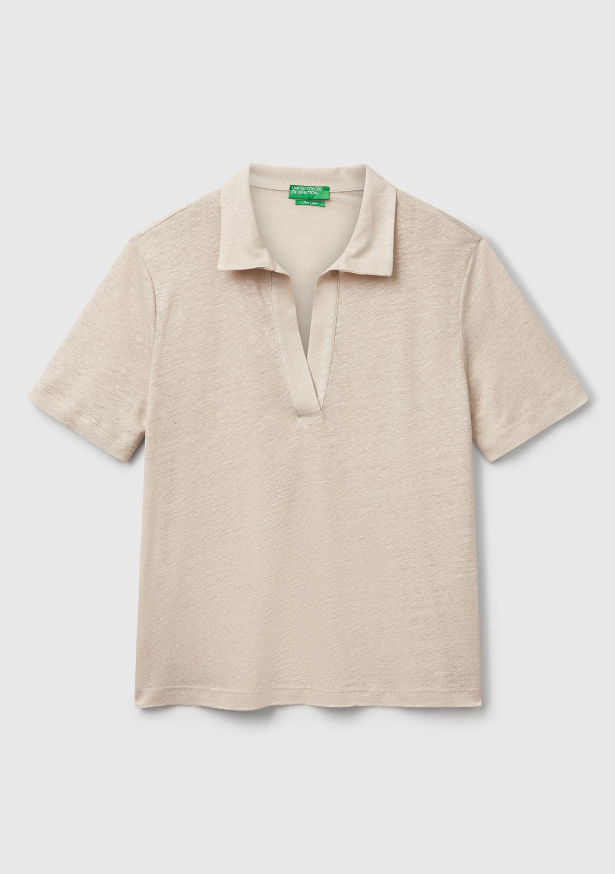 Kadın Taş Rengi %100 Keten Polo Yaka T-Shirt