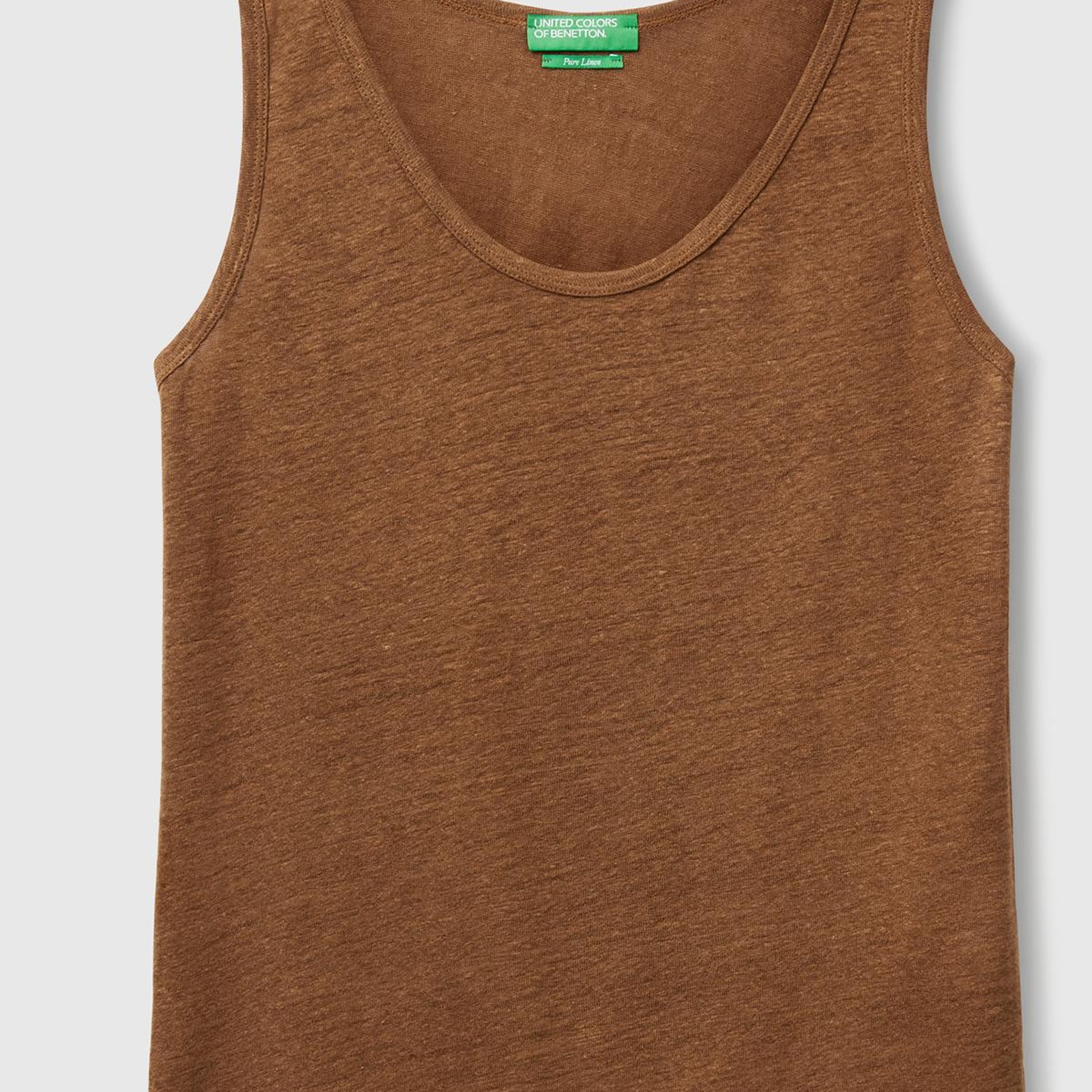 Kadın Kahverengi %100 Keten Yanları Yırtmaçlı Regular Fit Yuvarlak Yaka Atlet