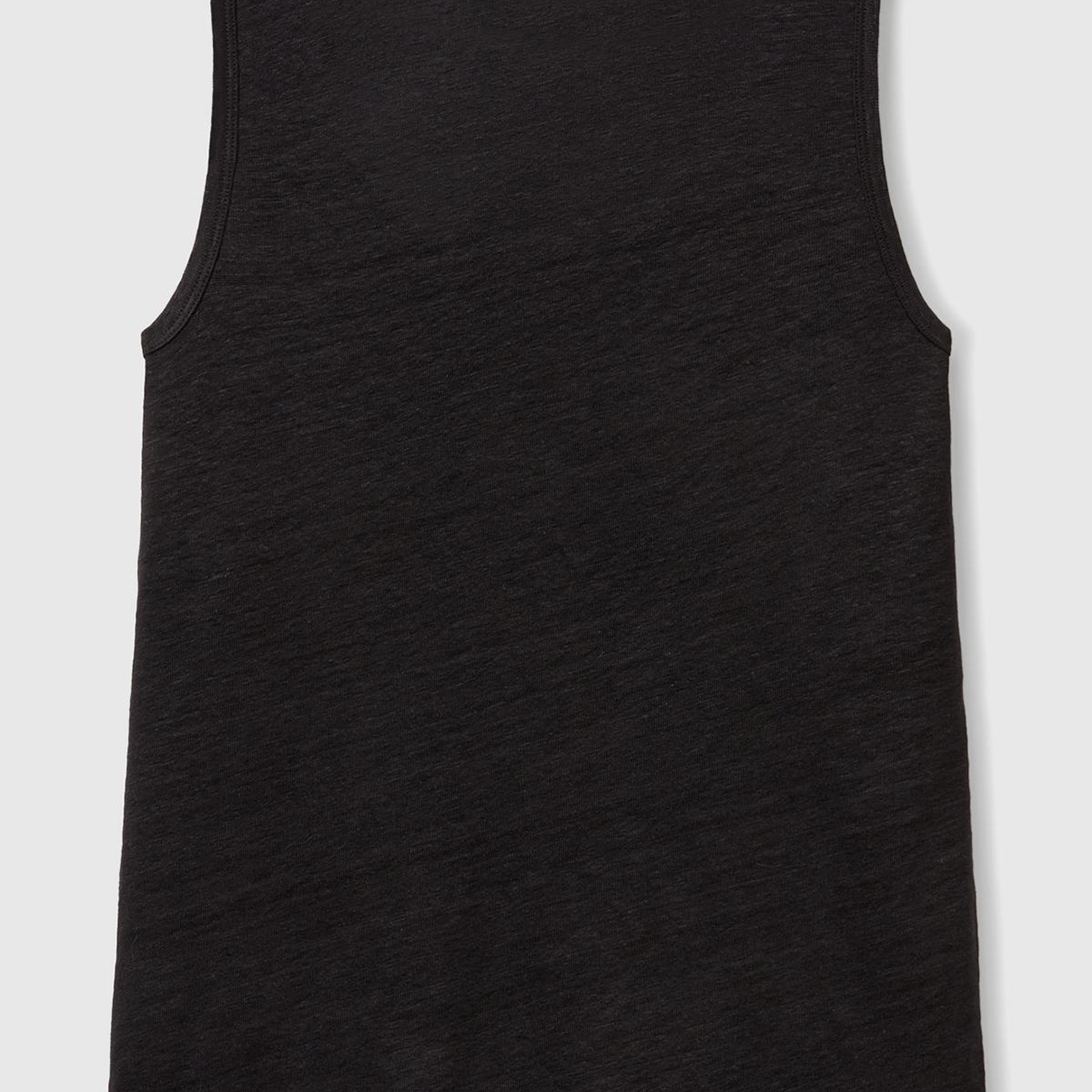 Kadın Siyah %100 Keten Yanları Yırtmaçlı Regular Fit Yuvarlak Yaka Atlet