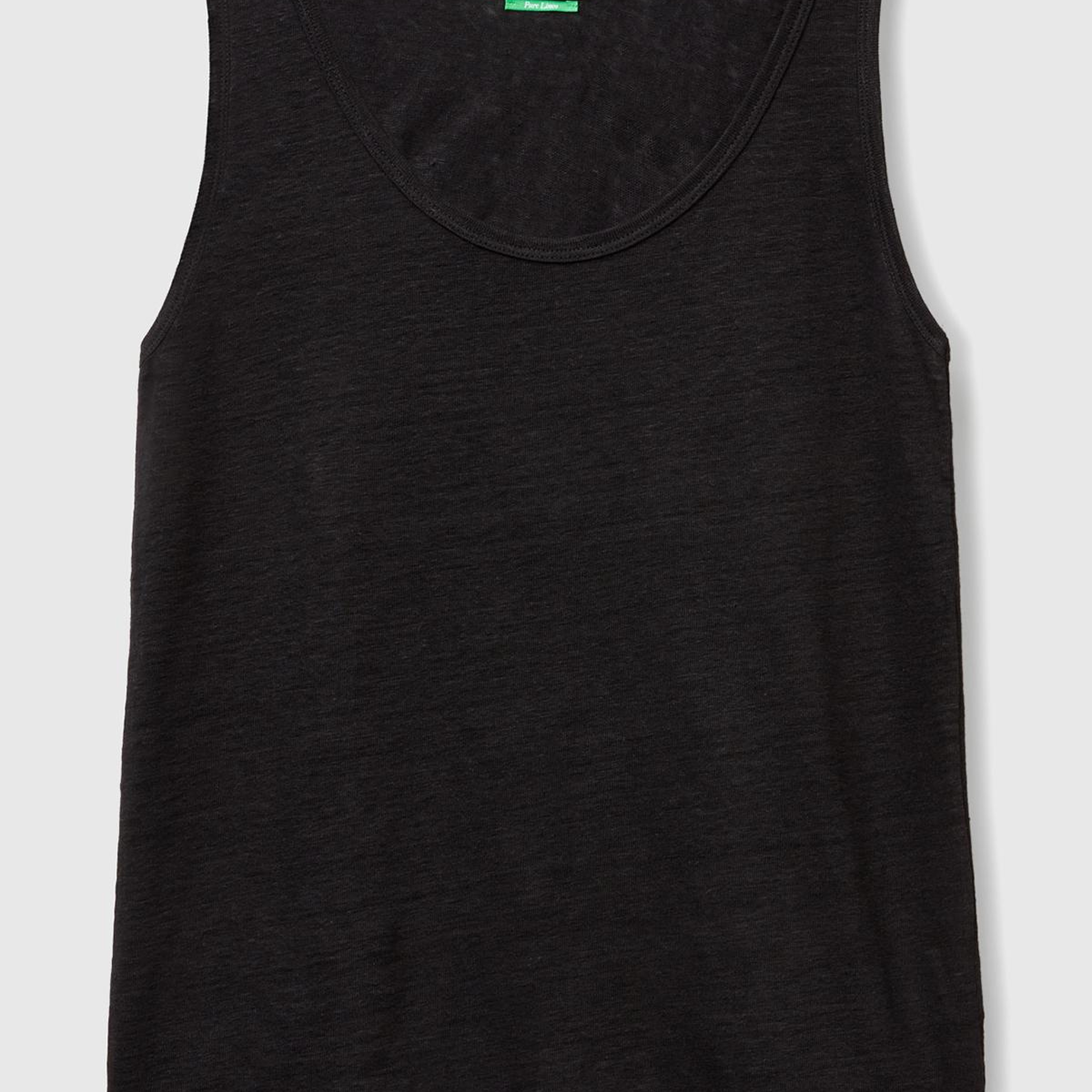 Kadın Siyah %100 Keten Yanları Yırtmaçlı Regular Fit Yuvarlak Yaka Atlet