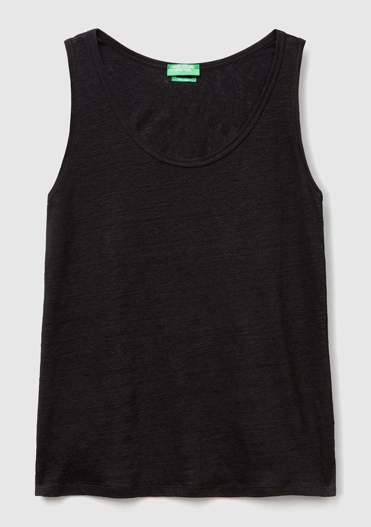 Kadın Siyah %100 Keten Yanları Yırtmaçlı Regular Fit Yuvarlak Yaka Atlet