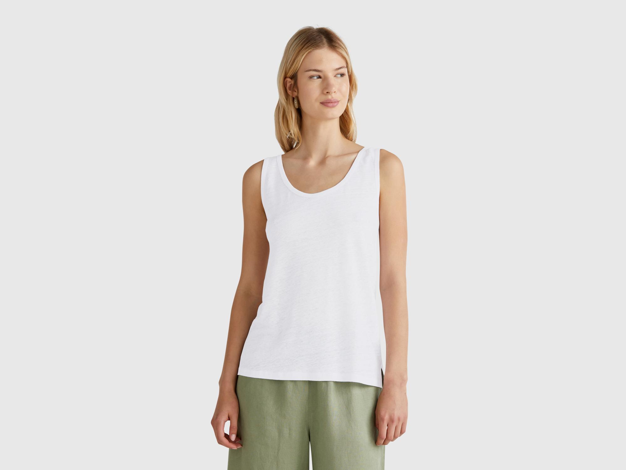 Kadın Beyaz %100 Keten Yanları Yırtmaçlı Regular Fit Yuvarlak Yaka Atlet