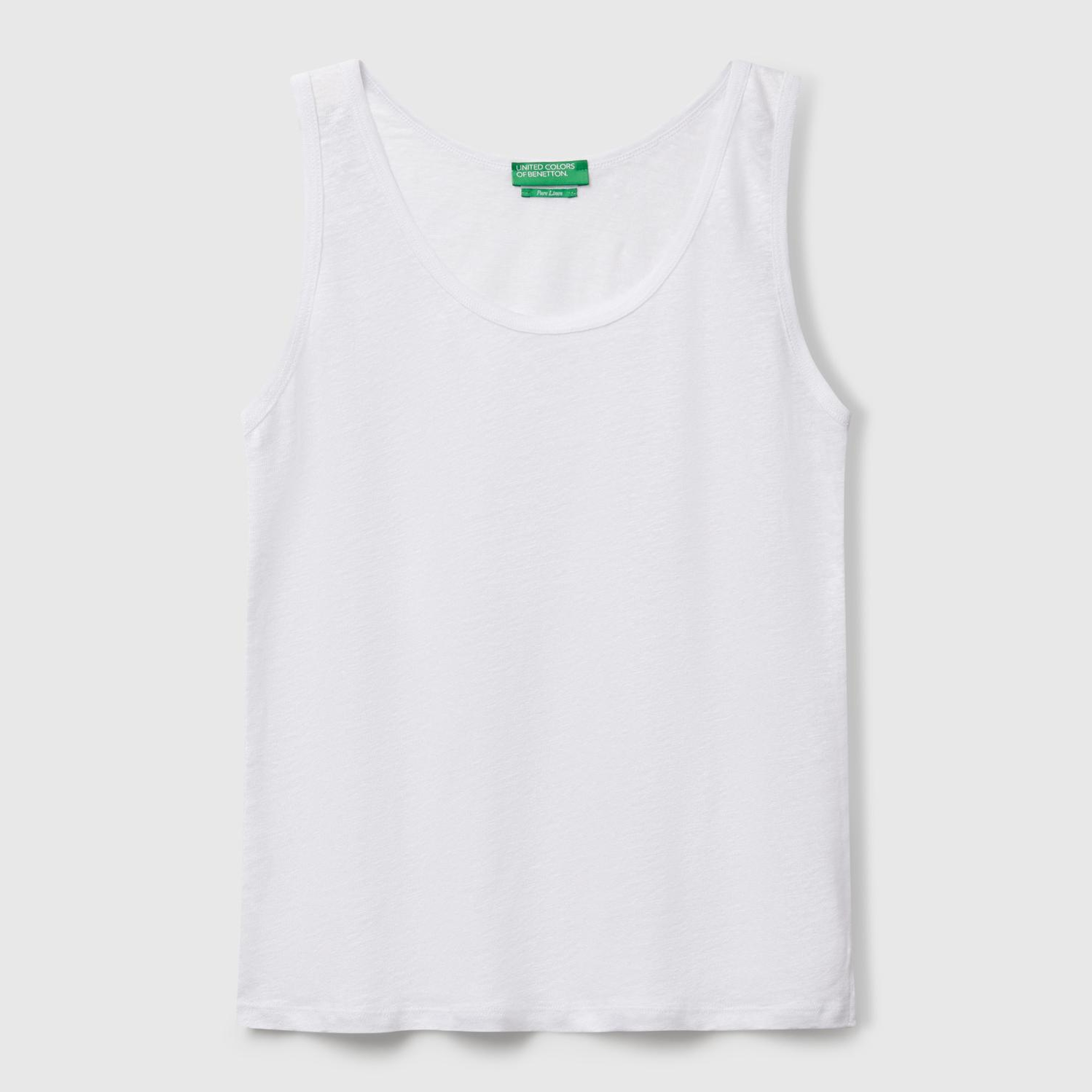 Kadın Beyaz %100 Keten Yanları Yırtmaçlı Regular Fit Yuvarlak Yaka Atlet