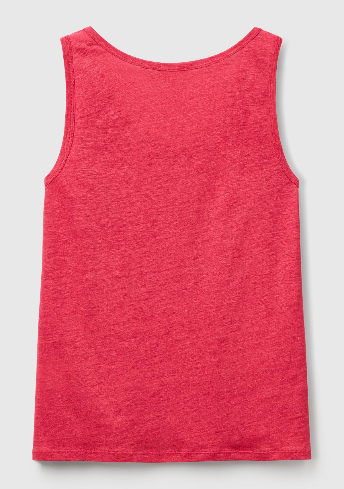 Kadın Fuşya %100 Keten Yanları Yırtmaçlı Regular Fit Yuvarlak Yaka Atlet