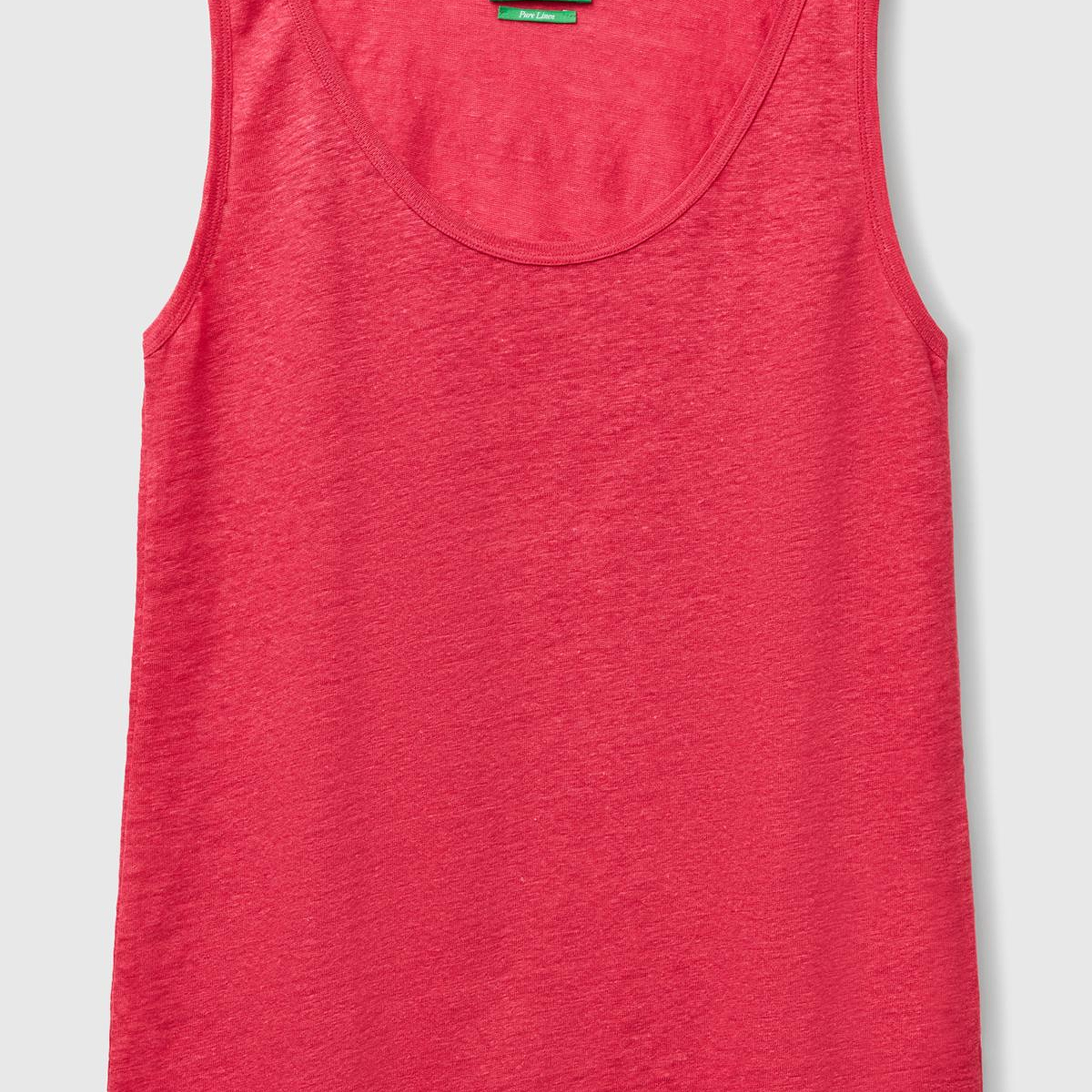 Kadın Fuşya %100 Keten Yanları Yırtmaçlı Regular Fit Yuvarlak Yaka Atlet