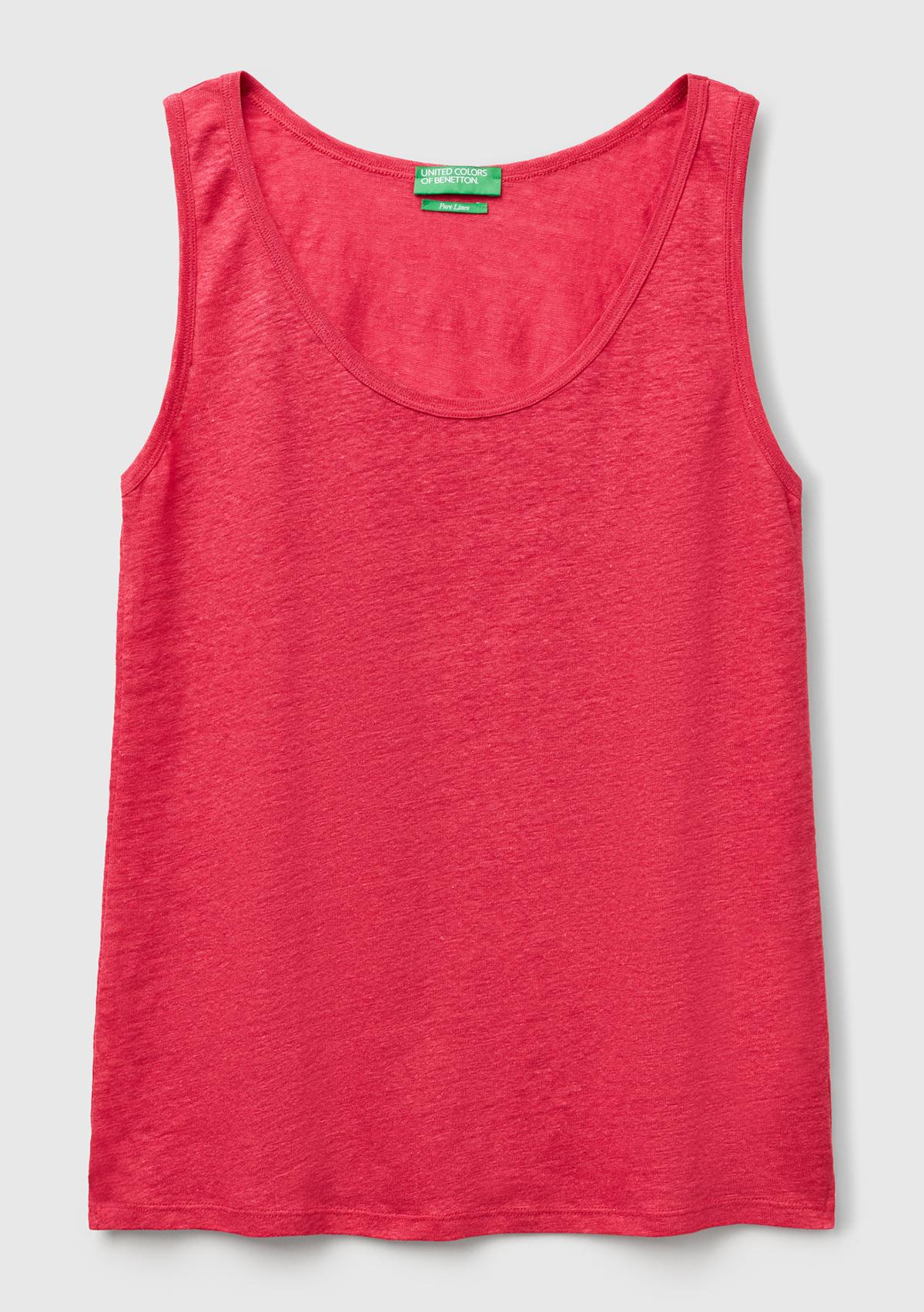 Kadın Fuşya %100 Keten Yanları Yırtmaçlı Regular Fit Yuvarlak Yaka Atlet